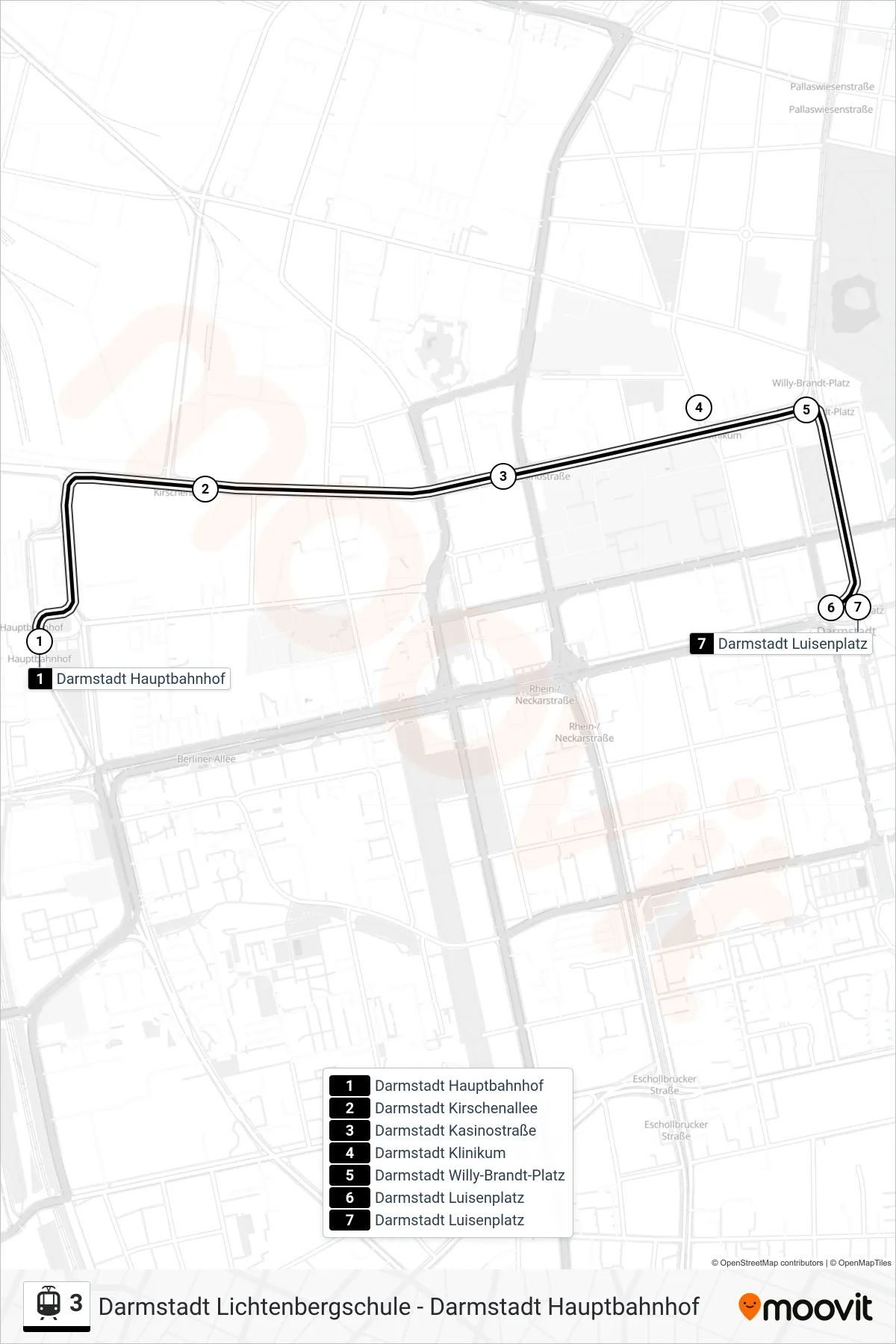 Linie 3 (Straßenbahn) Richtung Darmstadt Luisenplatz: Route und Haltestellen auf der Karte