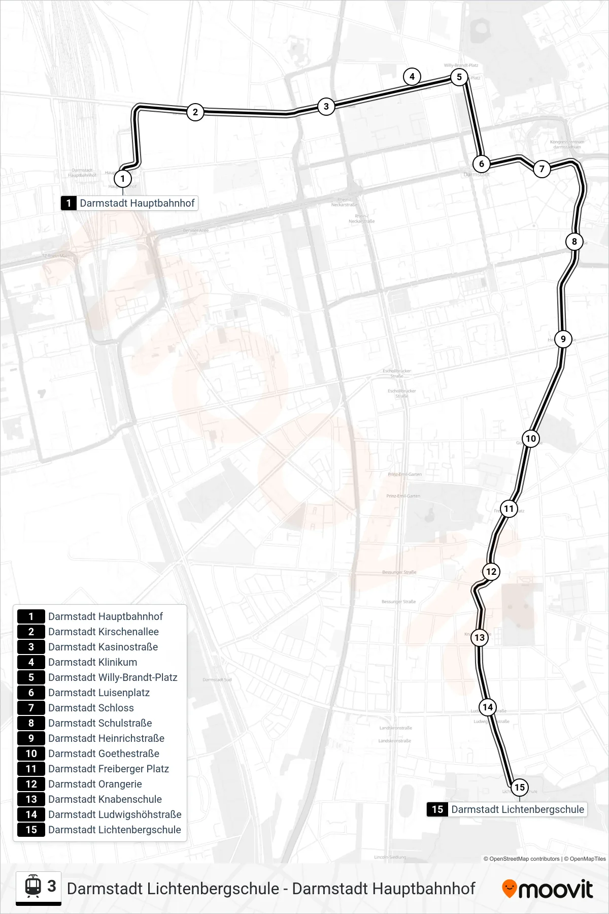 3 light rail Line (Darmstadt Lichtenbergschule) route and stops on a map