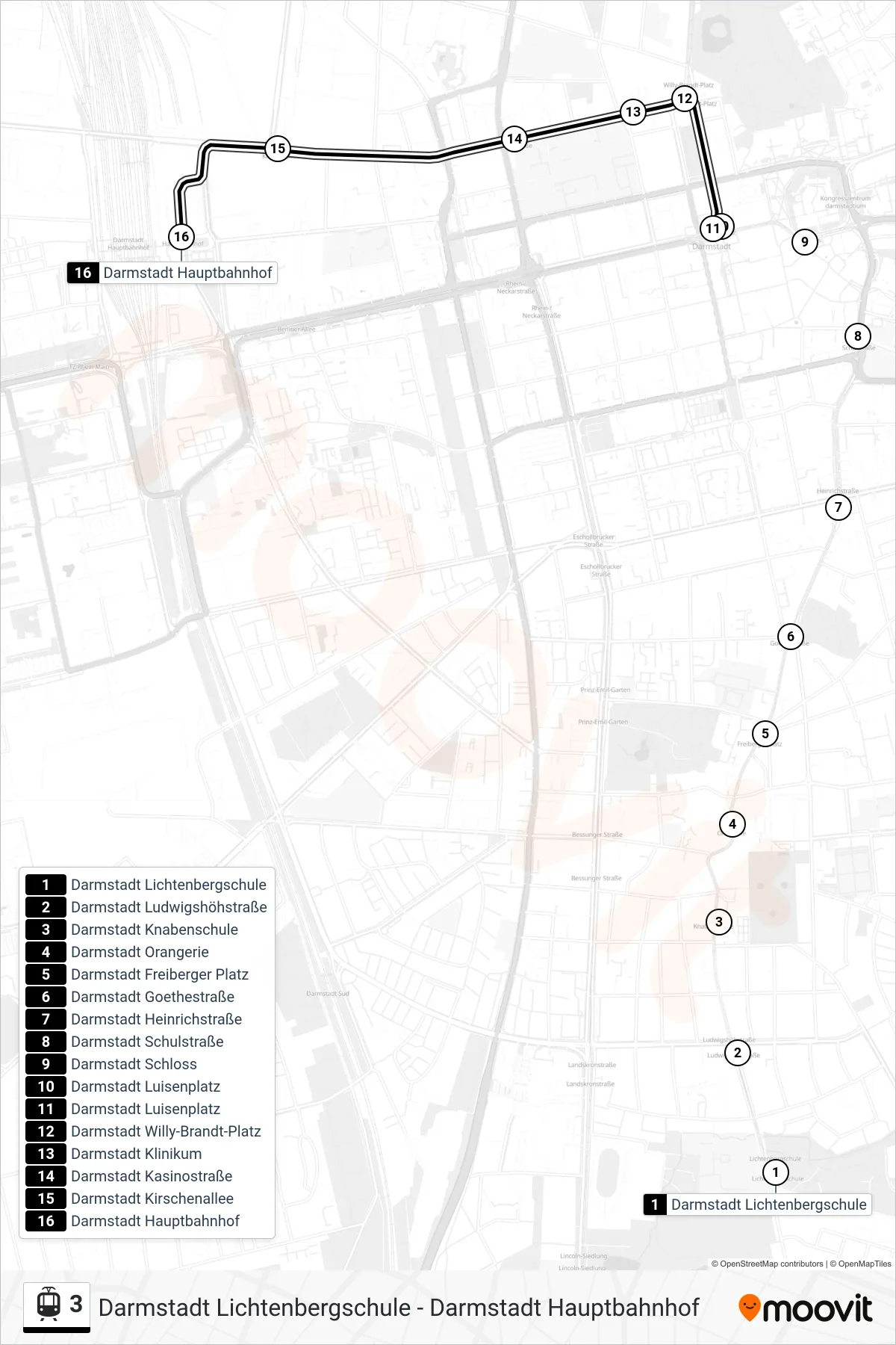 3 light rail Line (Darmstadt Hauptbahnhof) route and stops on a map