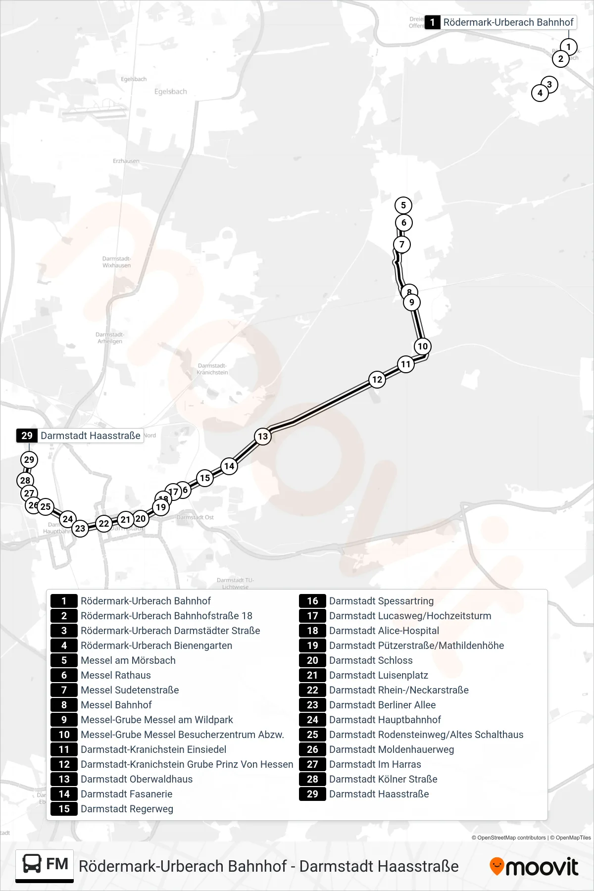 FM bus Line (Darmstadt Haasstraße) route and stops on a map
