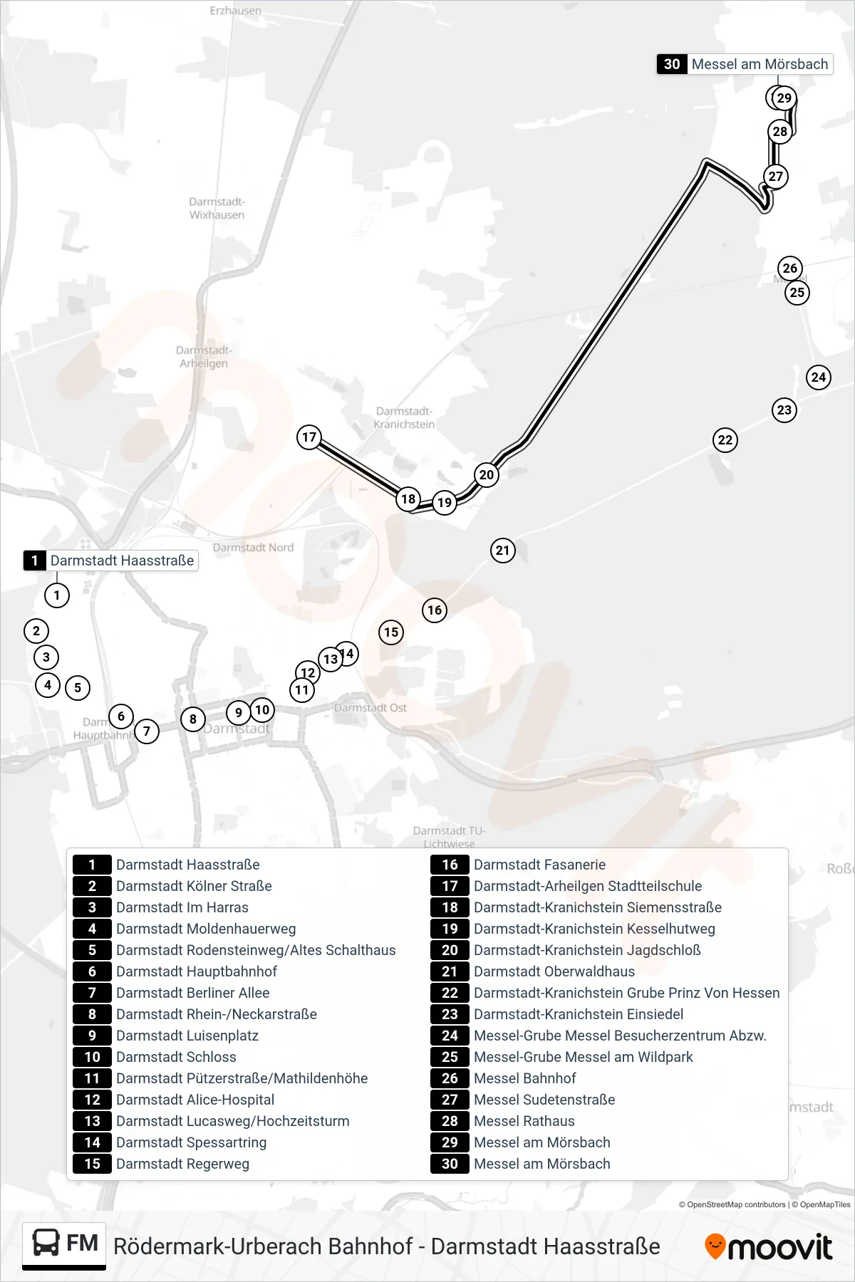 FM bus Line (Messel am Mörsbach) route and stops on a map