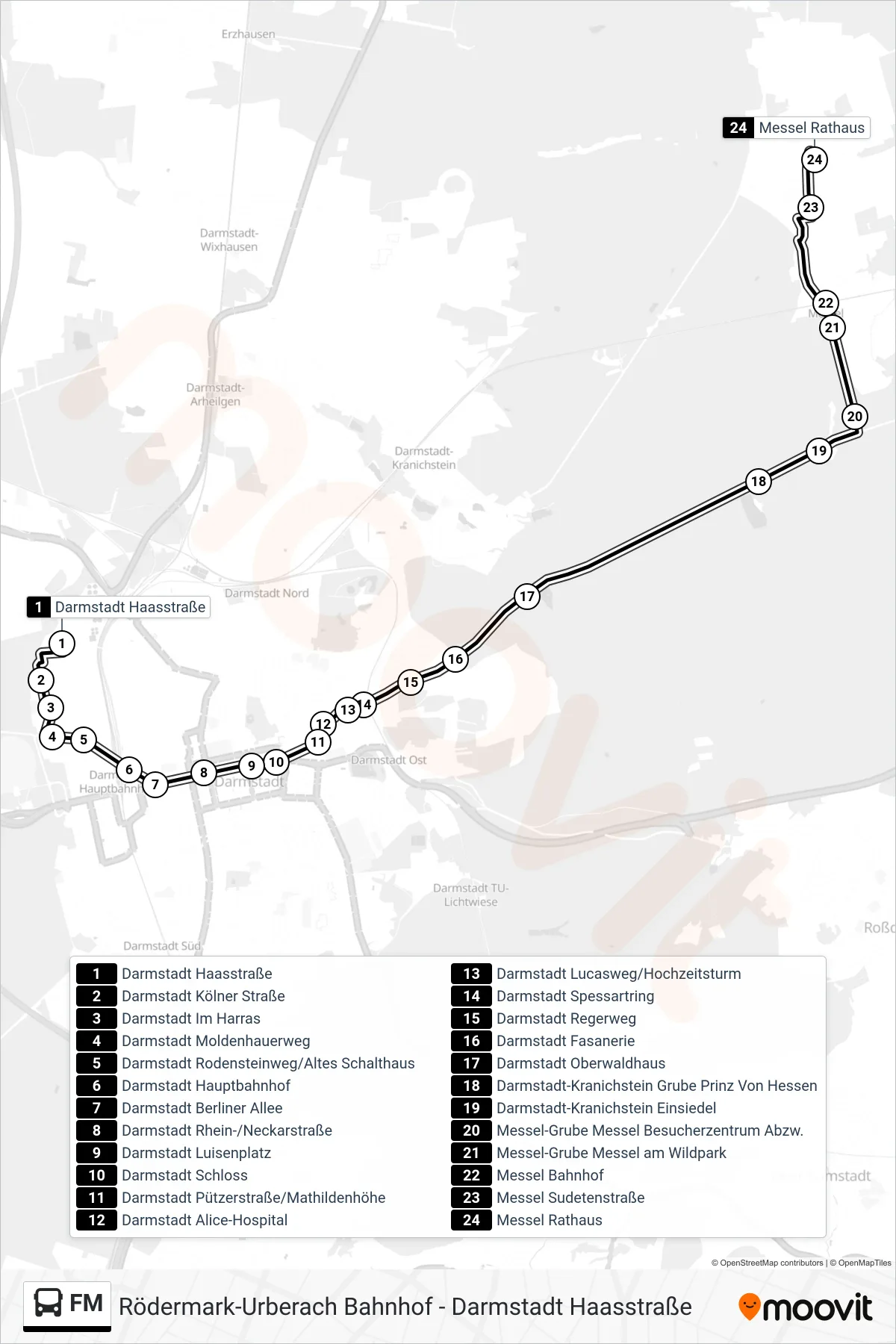 FM bus Line (Messel Rathaus) route and stops on a map