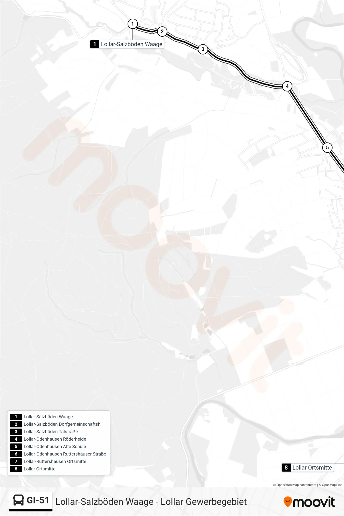GI-51 bus Line (Lollar Ortsmitte) route and stops on a map