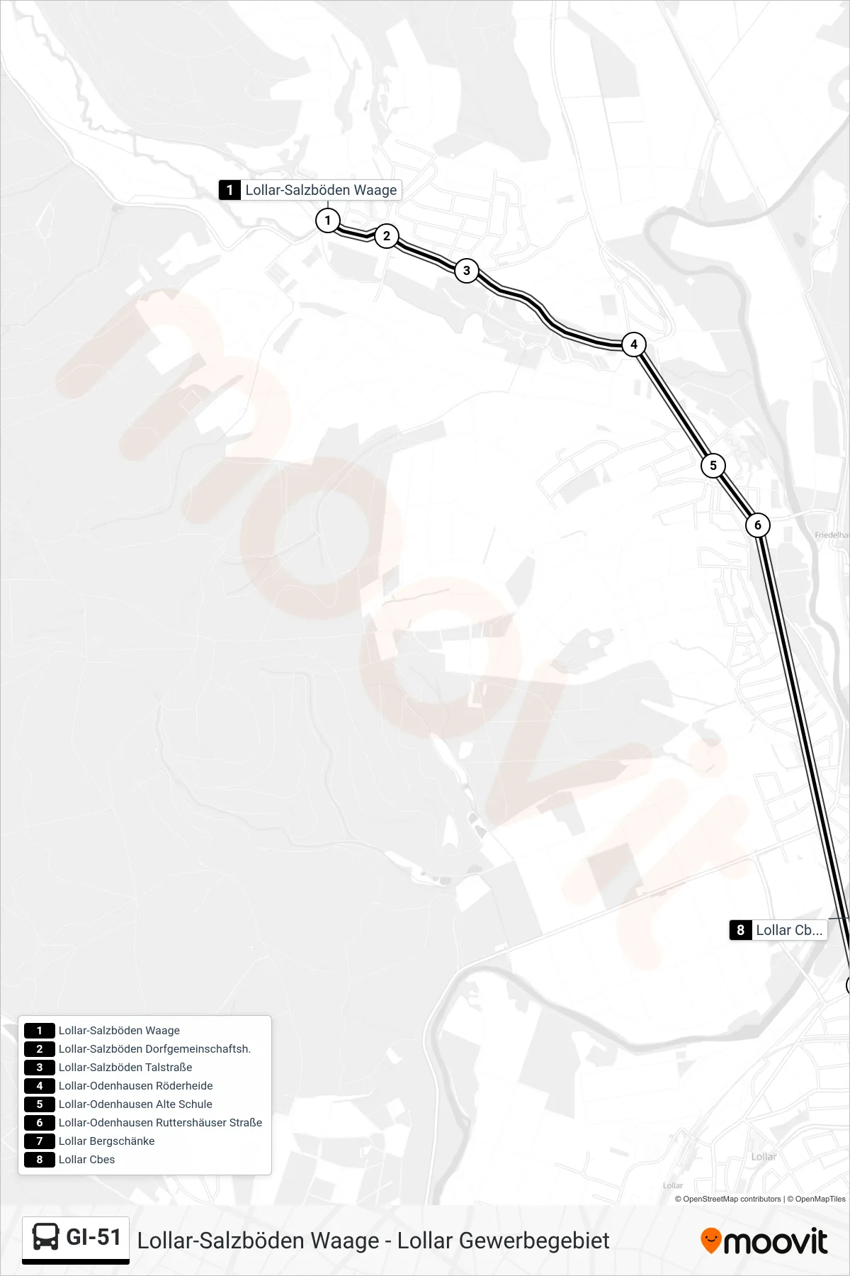 GI-51 bus Line (Lollar Cbes) route and stops on a map