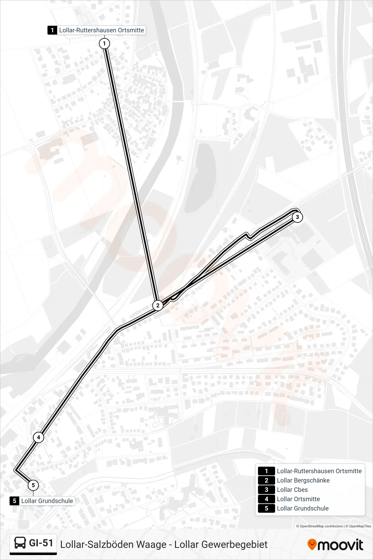 GI-51 bus Line (Lollar Grundschule) route and stops on a map