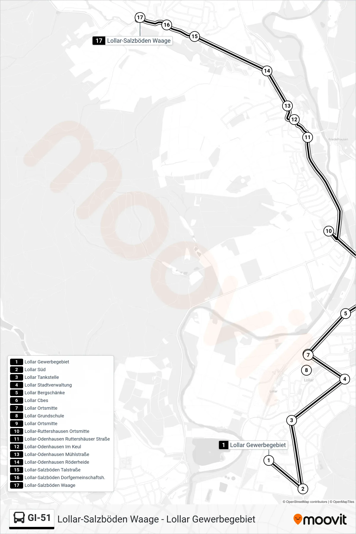 GI-51 bus Line (Lollar-Salzböden Waage) route and stops on a map