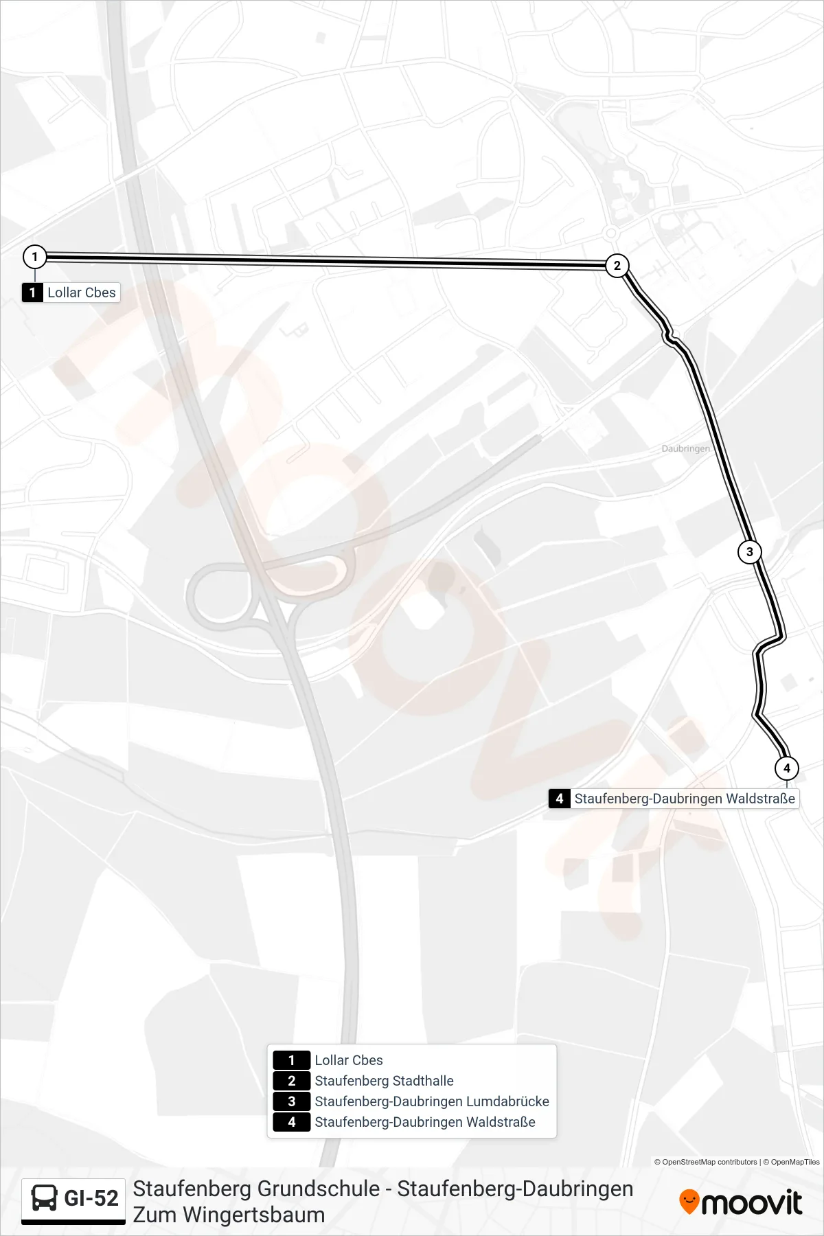 Linie GI-52 (Bus) Richtung Staufenberg-Daubringen Waldstraße: Route und Haltestellen auf der Karte