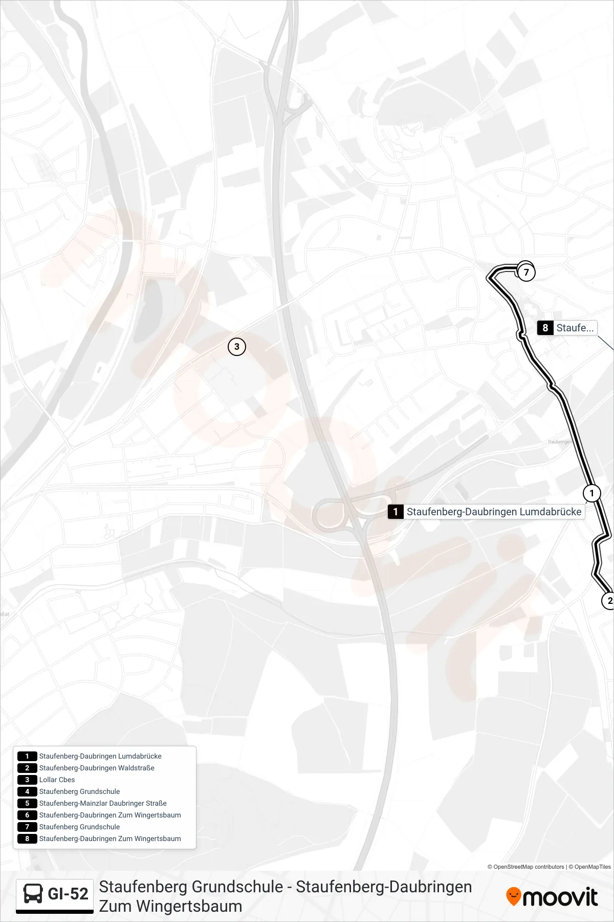 GI-52 bus Line (Staufenberg-Daubringen Zum Wingertsbaum) route and stops on a map