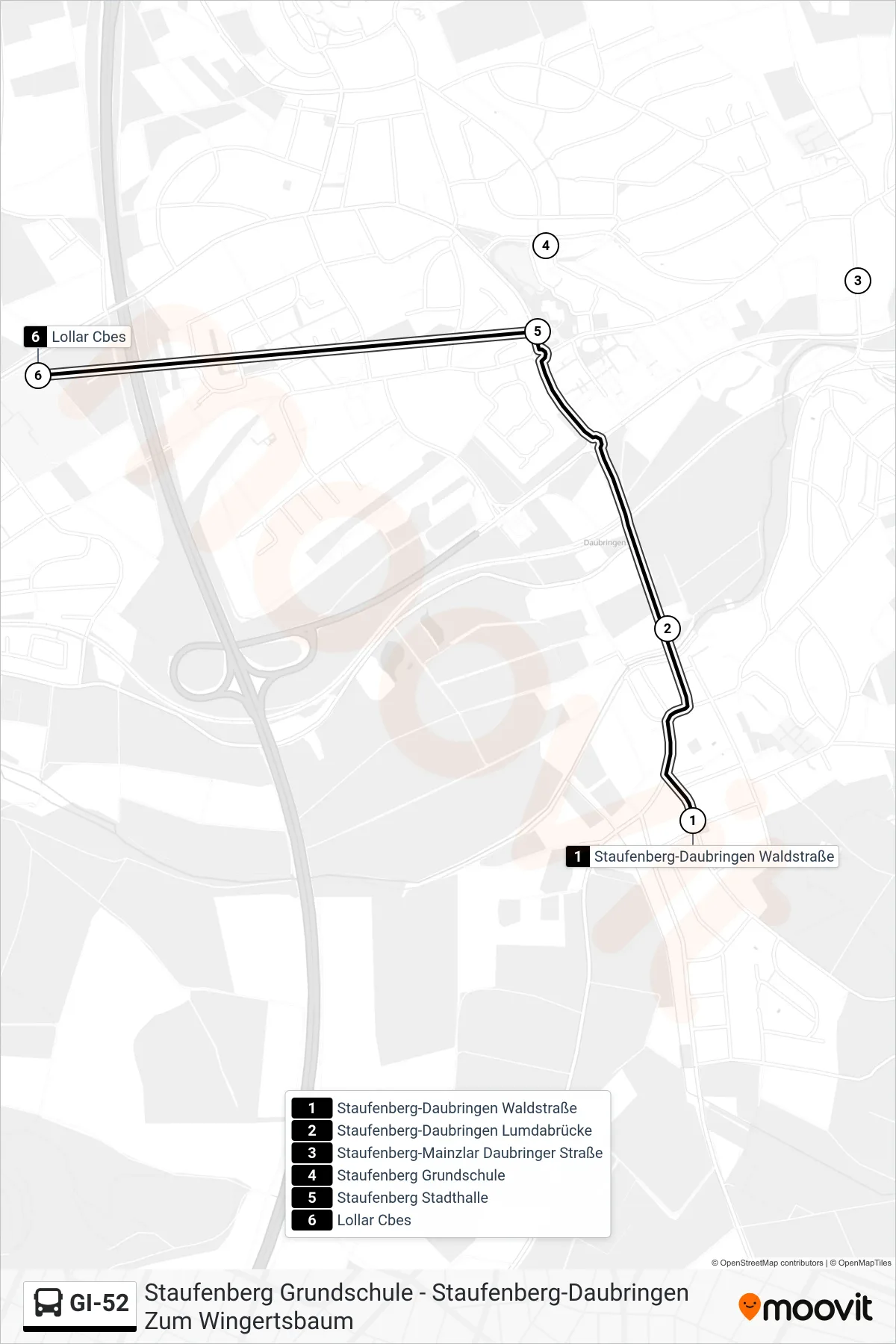 GI-52 bus Line (Lollar Cbes) route and stops on a map