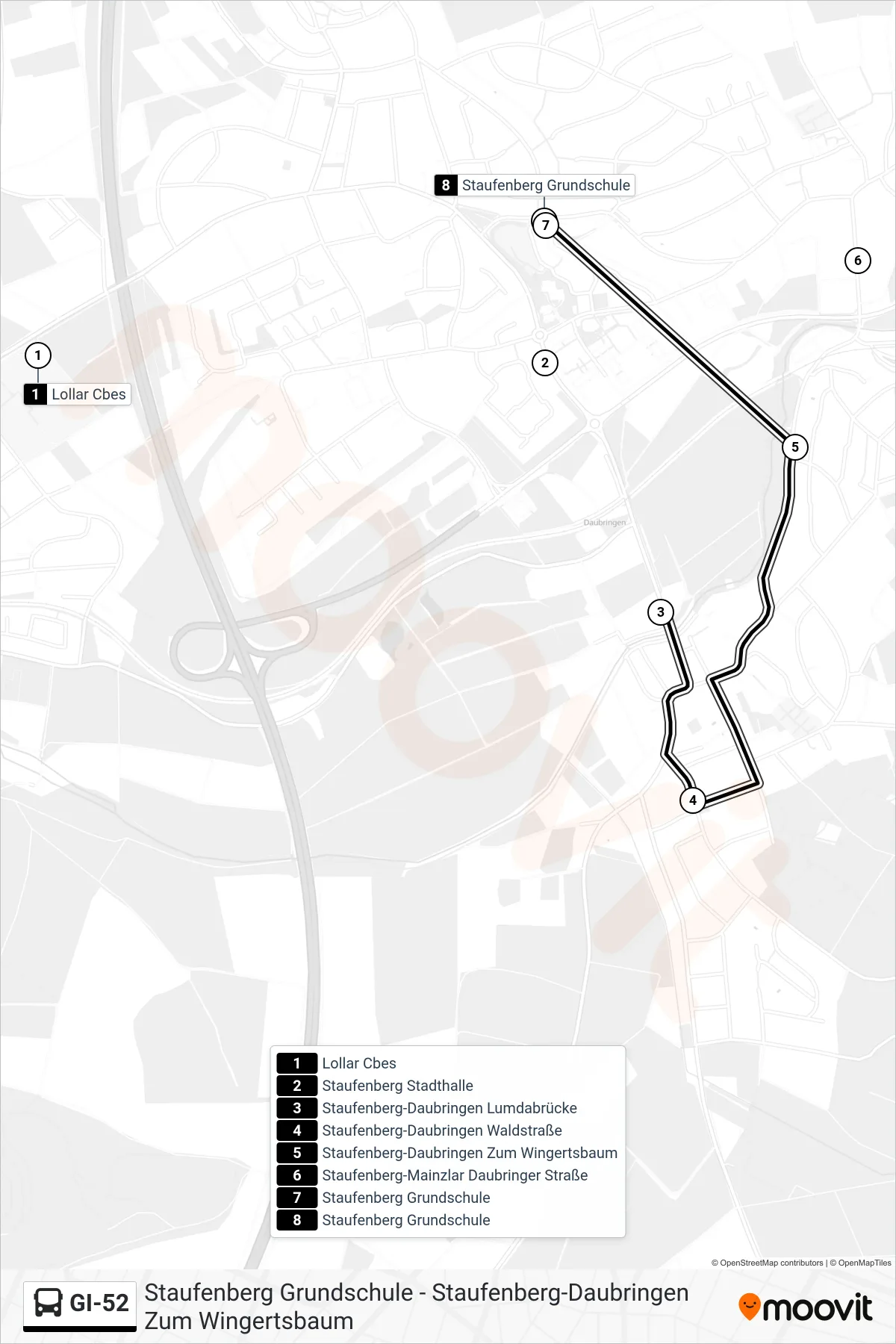 GI-52 bus Line (Staufenberg Grundschule) route and stops on a map