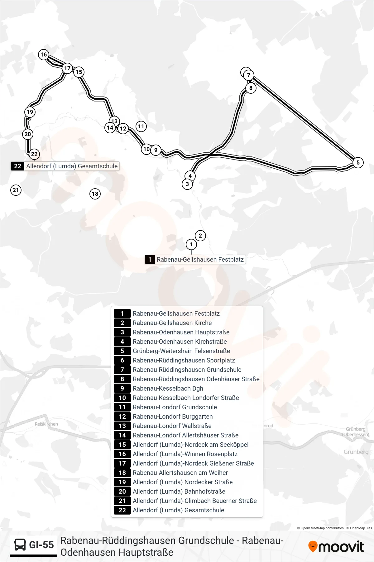 GI-55 bus Line (Allendorf (Lumda) Gesamtschule) route and stops on a map