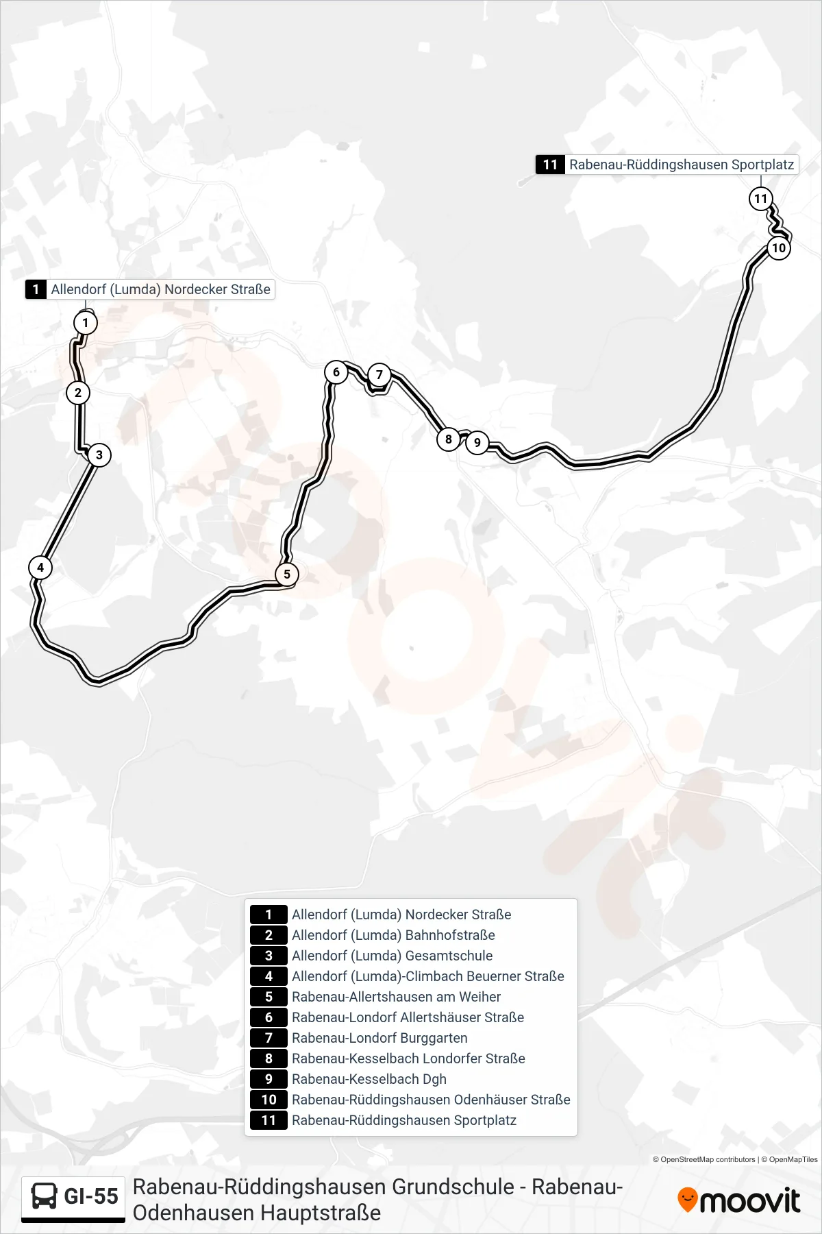 GI-55 bus Line (Rabenau-Rüddingshausen Sportplatz) route and stops on a map