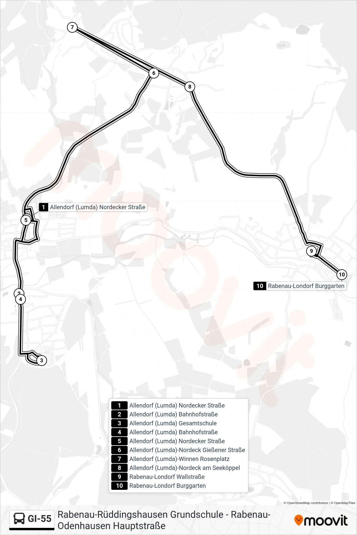 GI-55 bus Line (Rabenau-Londorf Burggarten) route and stops on a map