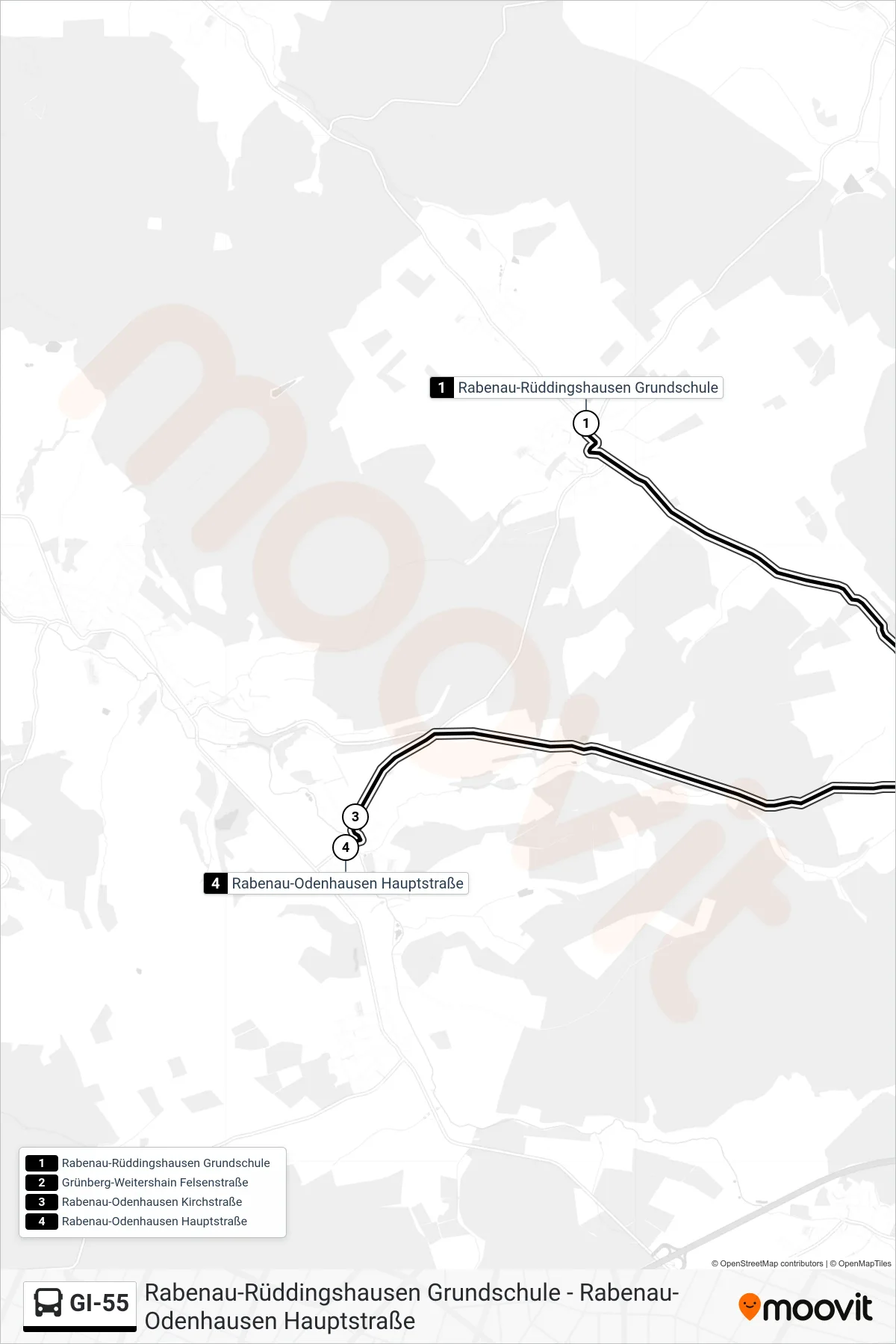 GI-55 bus Line (Rabenau-Odenhausen Hauptstraße) route and stops on a map