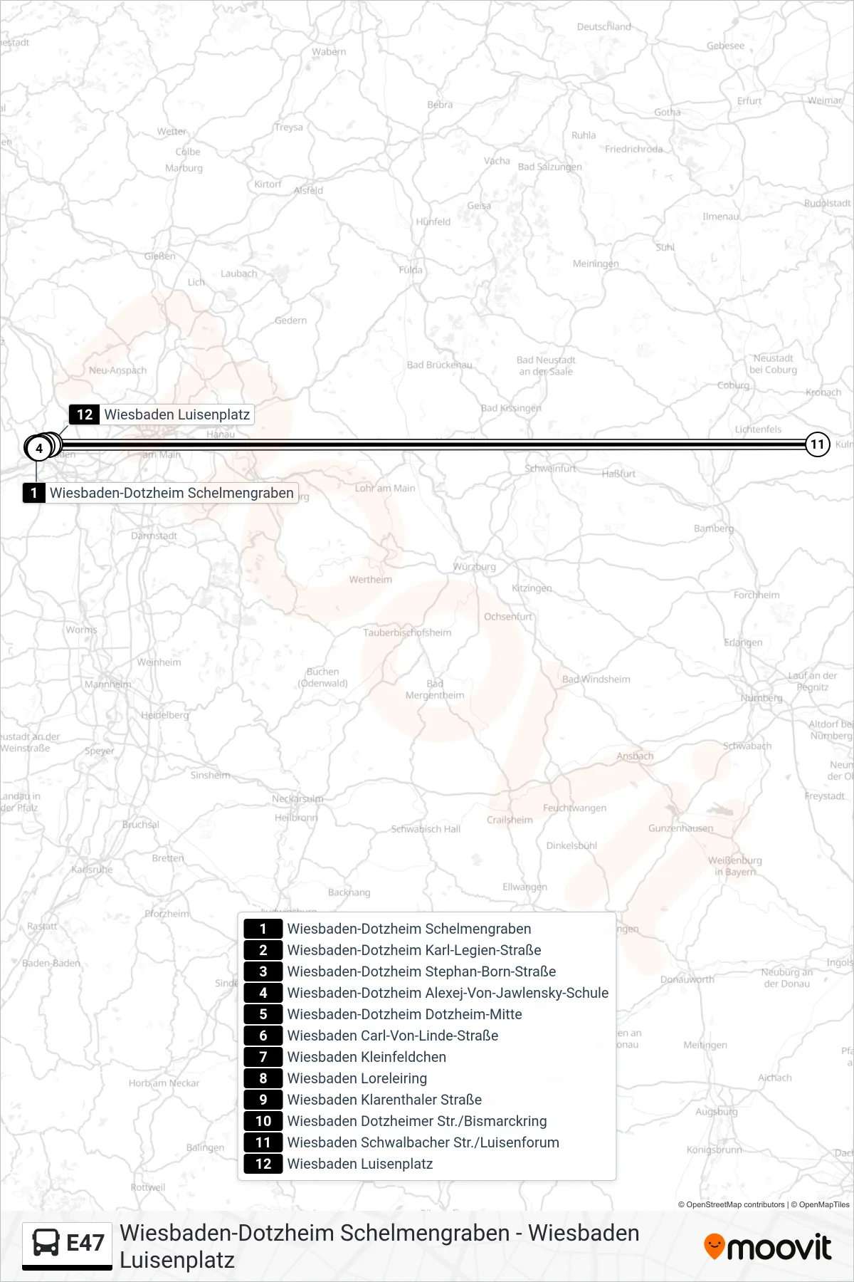 Linie E47 (Bus) Richtung Wiesbaden Luisenplatz: Route und Haltestellen auf der Karte