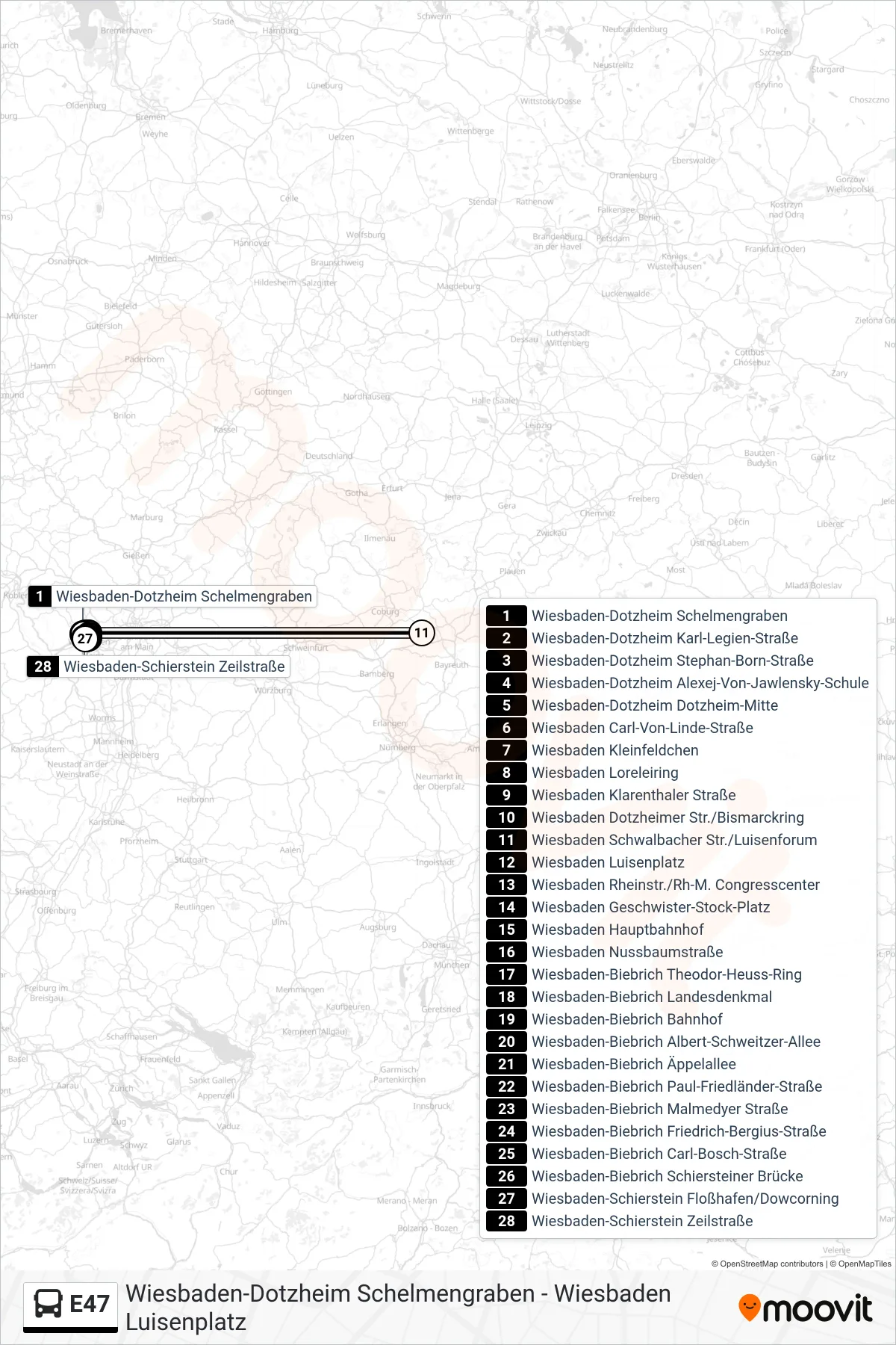 Linie E47 (Bus) Richtung Wiesbaden-Schierstein Zeilstraße: Route und Haltestellen auf der Karte