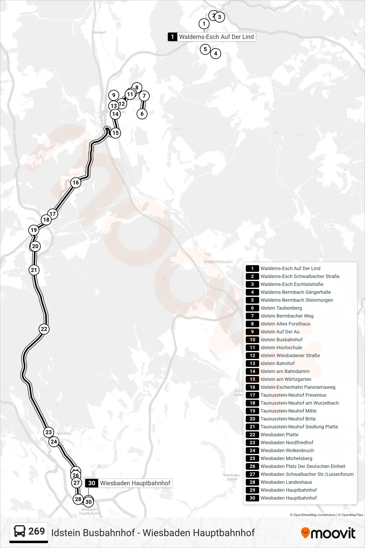 269 bus Line (Wiesbaden Hauptbahnhof) route and stops on a map