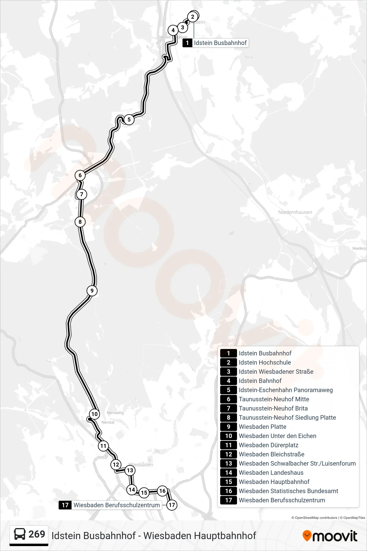 269 bus Line (Wiesbaden Berufsschulzentrum) route and stops on a map