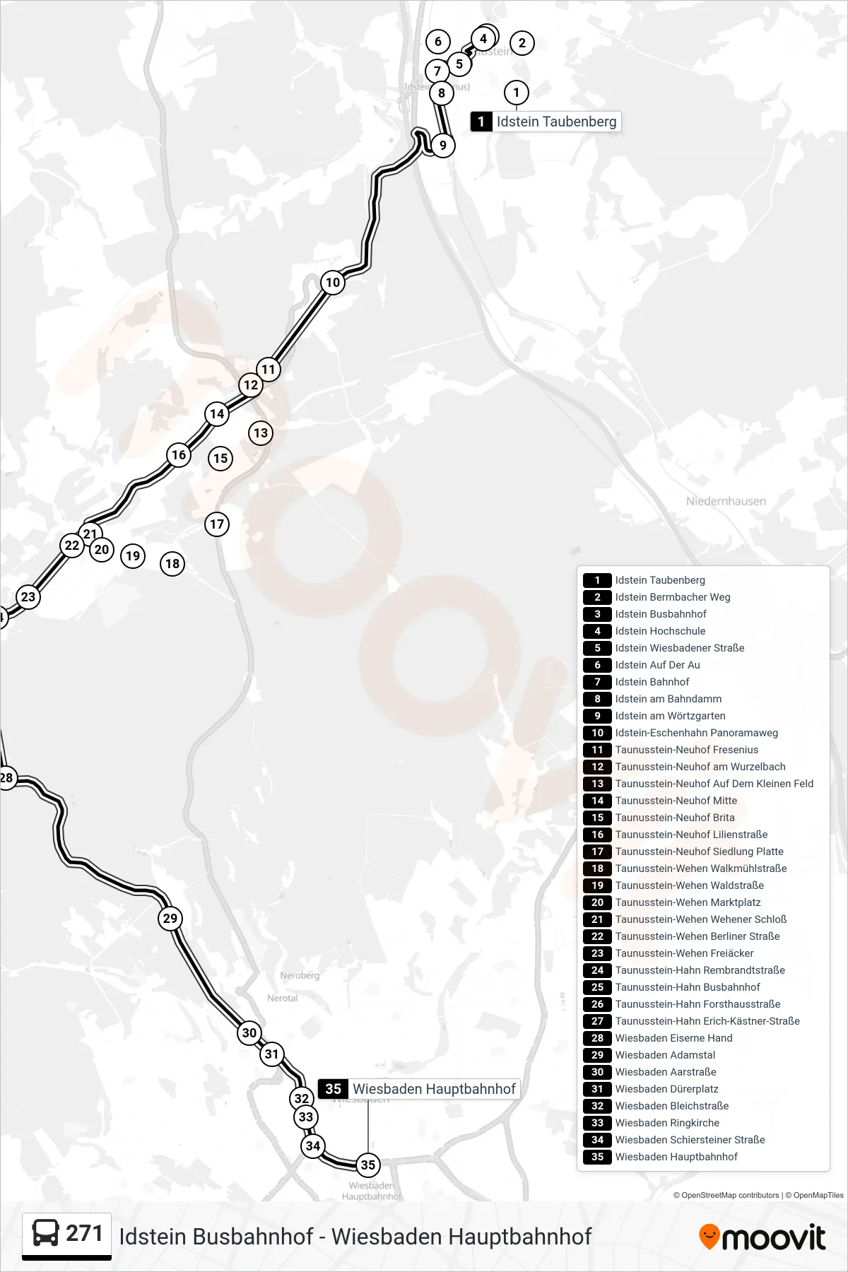 271 bus Line (Wiesbaden Hauptbahnhof) route and stops on a map