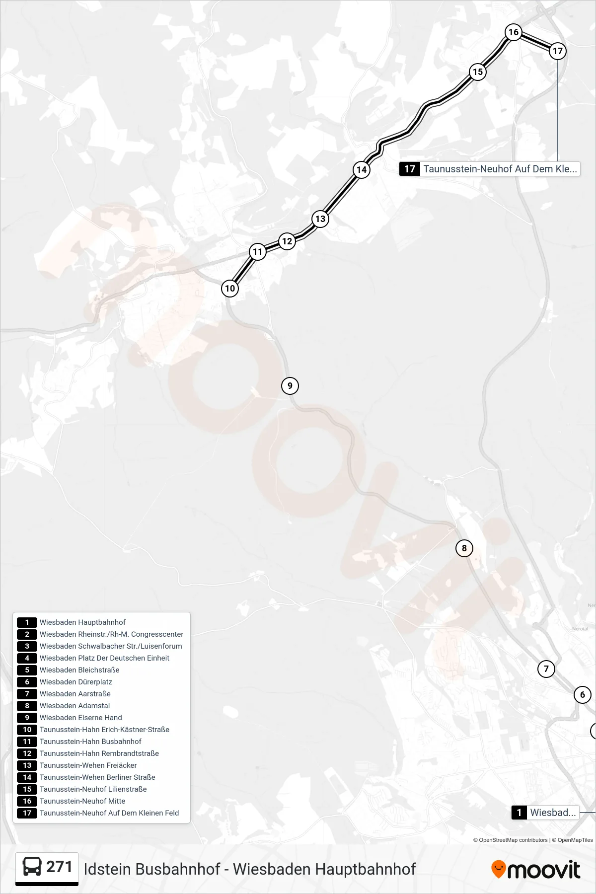 271 bus Line (Taunusstein-Neuhof Auf Dem Kleinen Feld) route and stops on a map