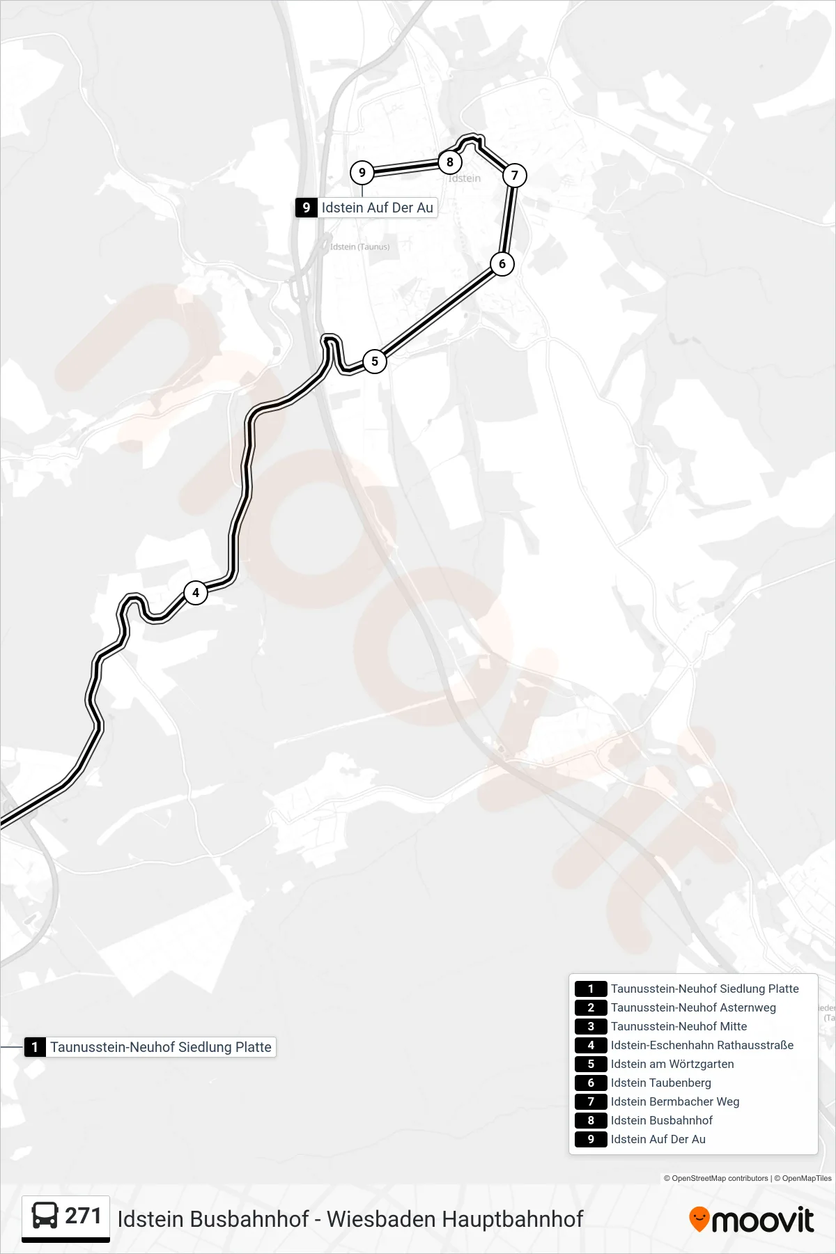 271 bus Line (Idstein Auf Der Au) route and stops on a map