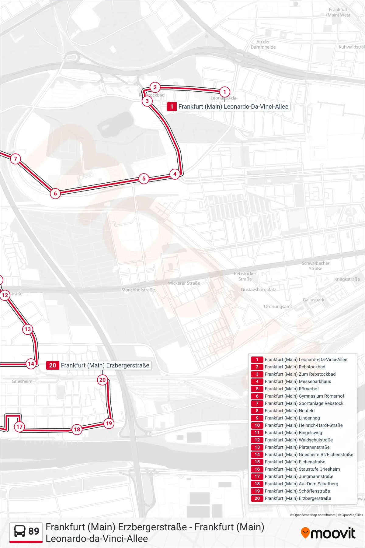 Linie 89 (Bus) Richtung Frankfurt (Main) Erzbergerstraße: Route und Haltestellen auf der Karte