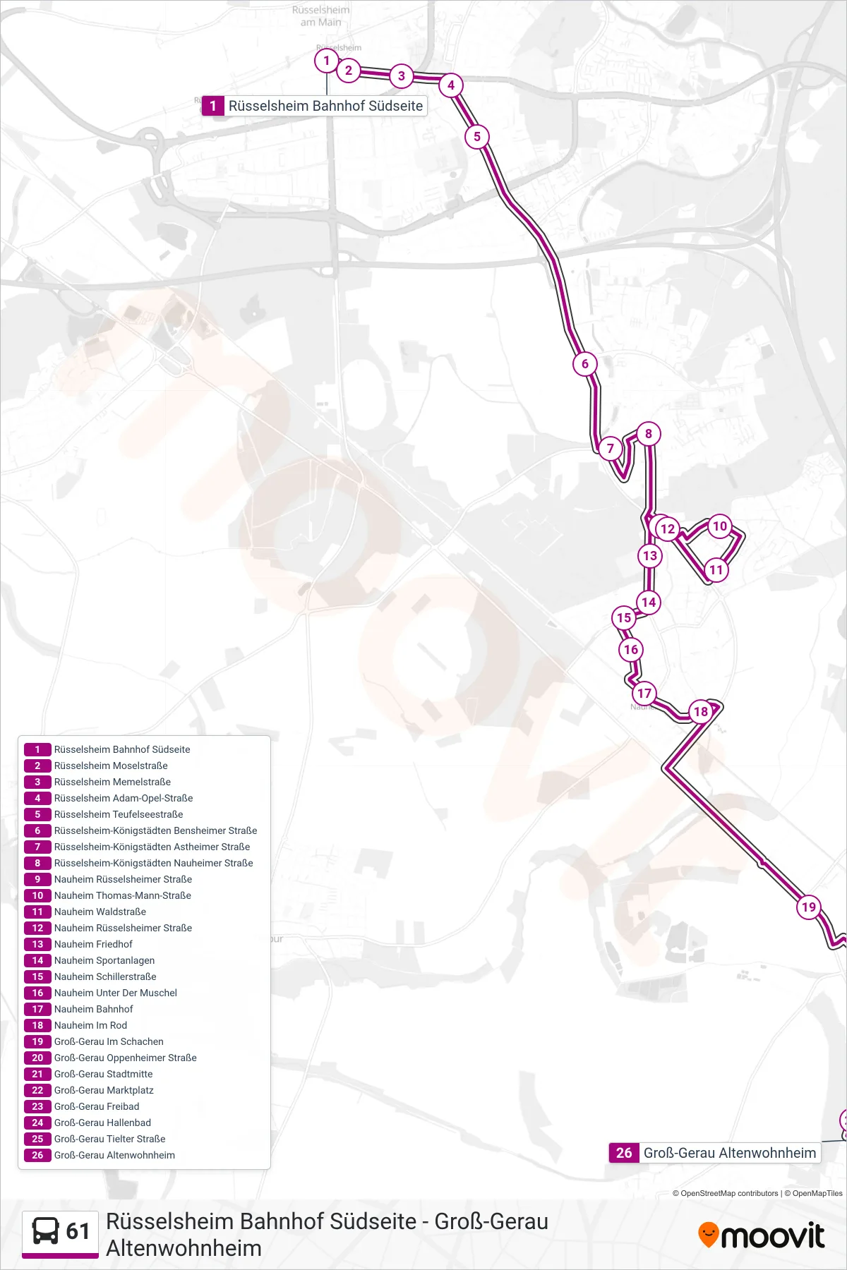 61 bus Line (Groß-Gerau Altenwohnheim) route and stops on a map