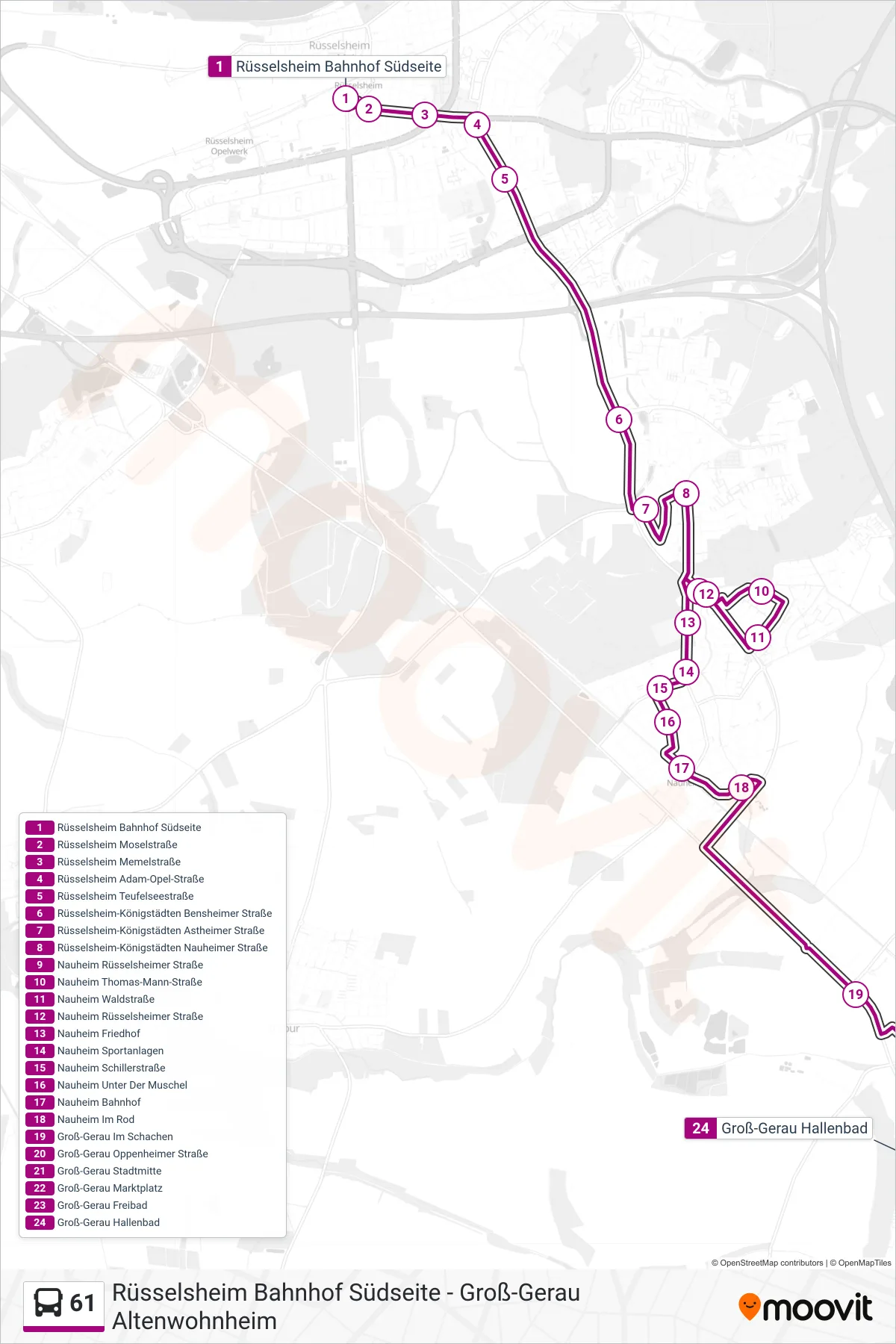 Linie 61 (Bus) Richtung Groß-Gerau Hallenbad: Route und Haltestellen auf der Karte