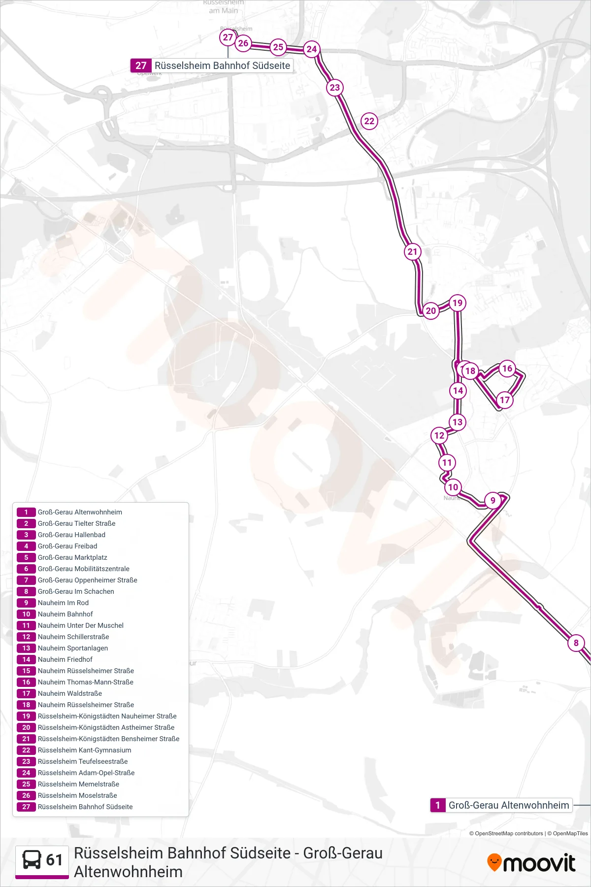 61 bus Line (Rüsselsheim Bahnhof Südseite) route and stops on a map