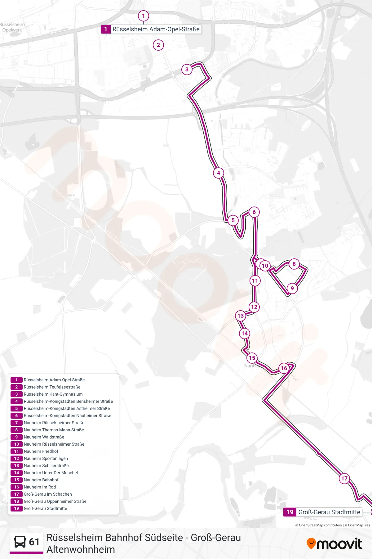 61 bus Line (Groß-Gerau Stadtmitte) route and stops on a map
