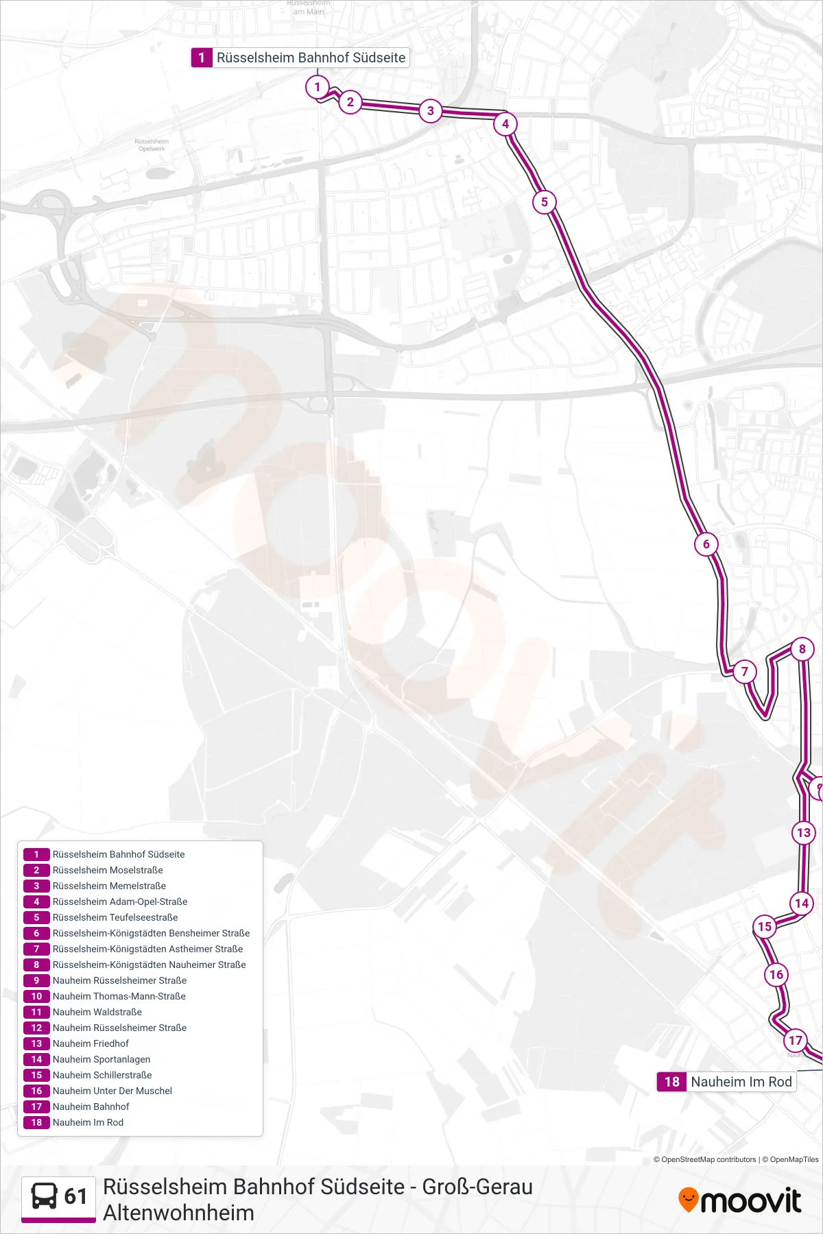 61 bus Line (Nauheim Im Rod) route and stops on a map