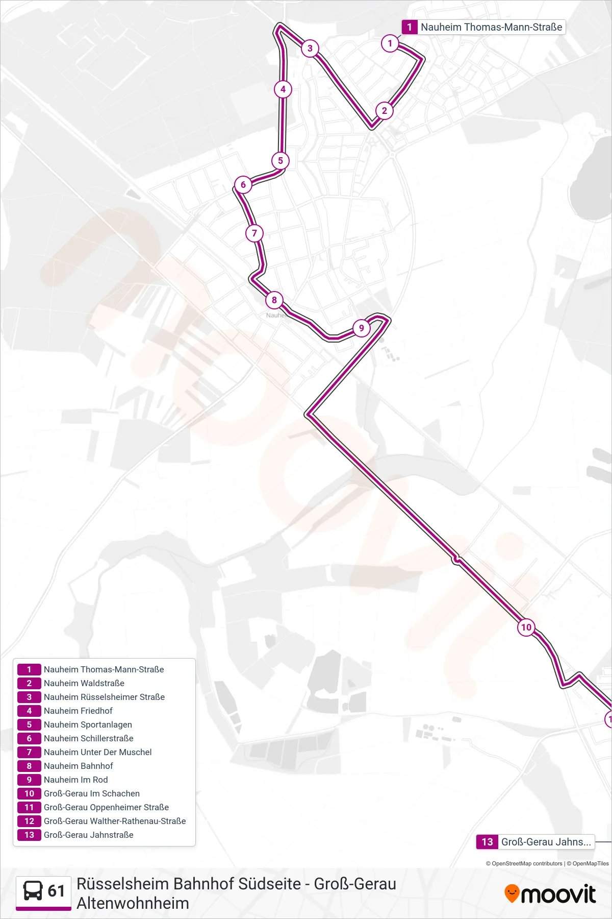 61 bus Line (Groß-Gerau Jahnstraße) route and stops on a map
