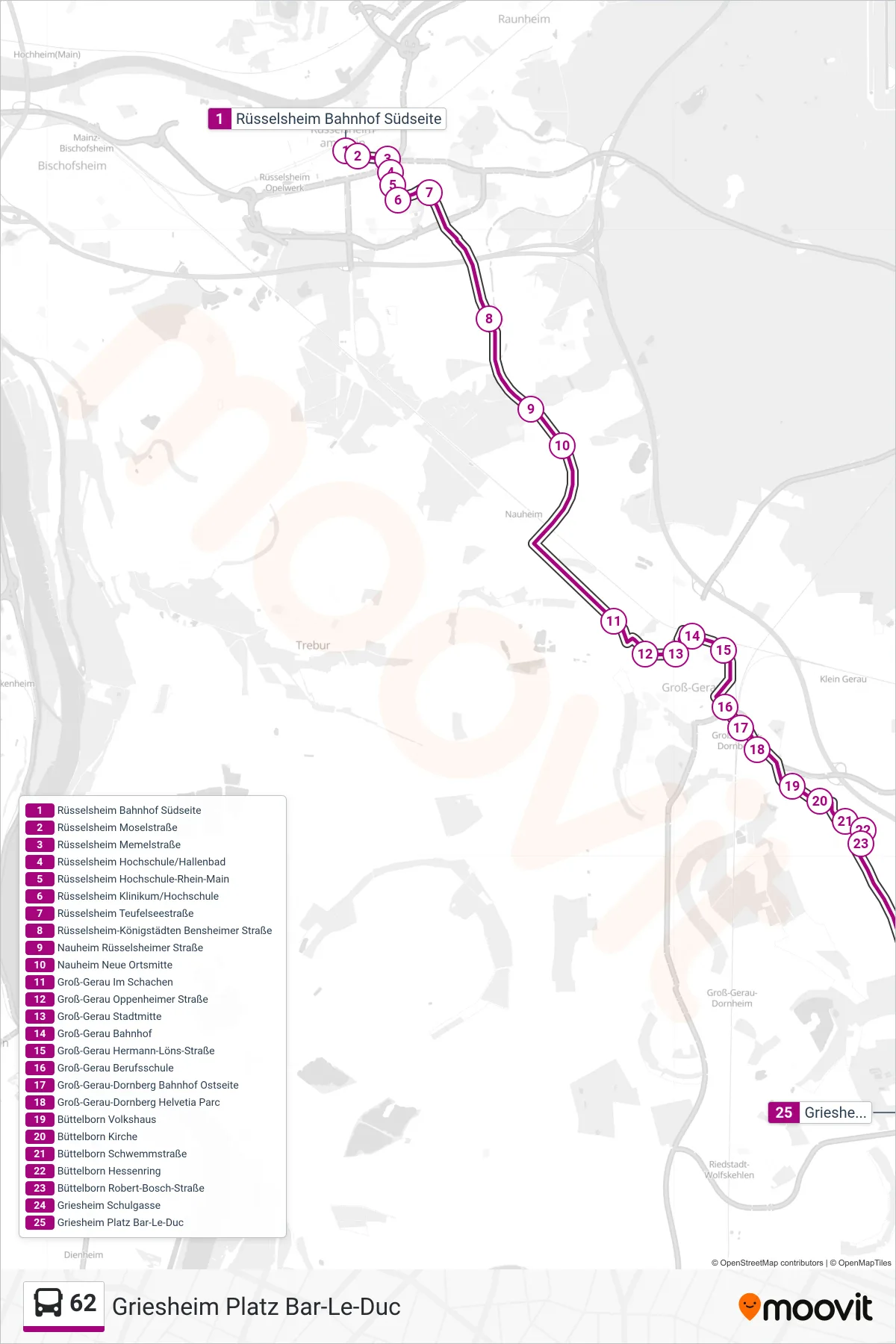 62 bus Line (Griesheim Platz Bar-Le-Duc) route and stops on a map