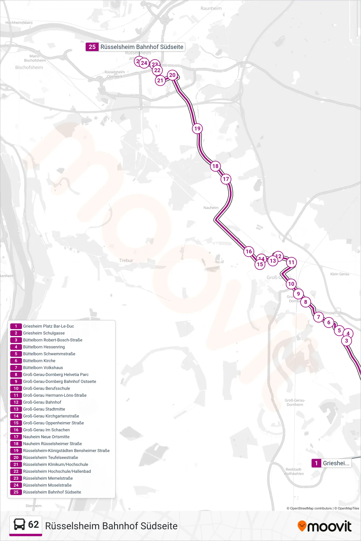 Linie 62 (Bus) Richtung Rüsselsheim Bahnhof Südseite: Route und Haltestellen auf der Karte