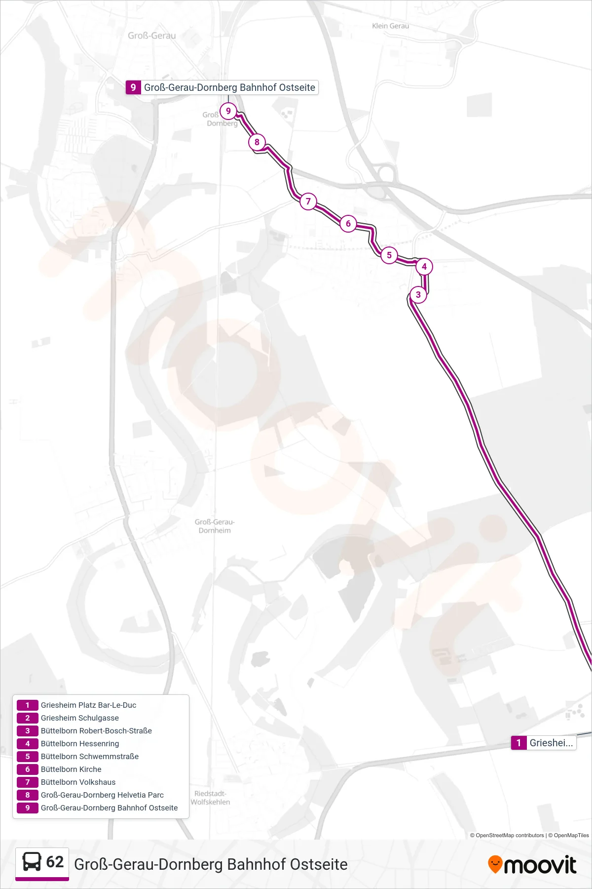 62 bus Line (Groß-Gerau-Dornberg Bahnhof Ostseite) route and stops on a map