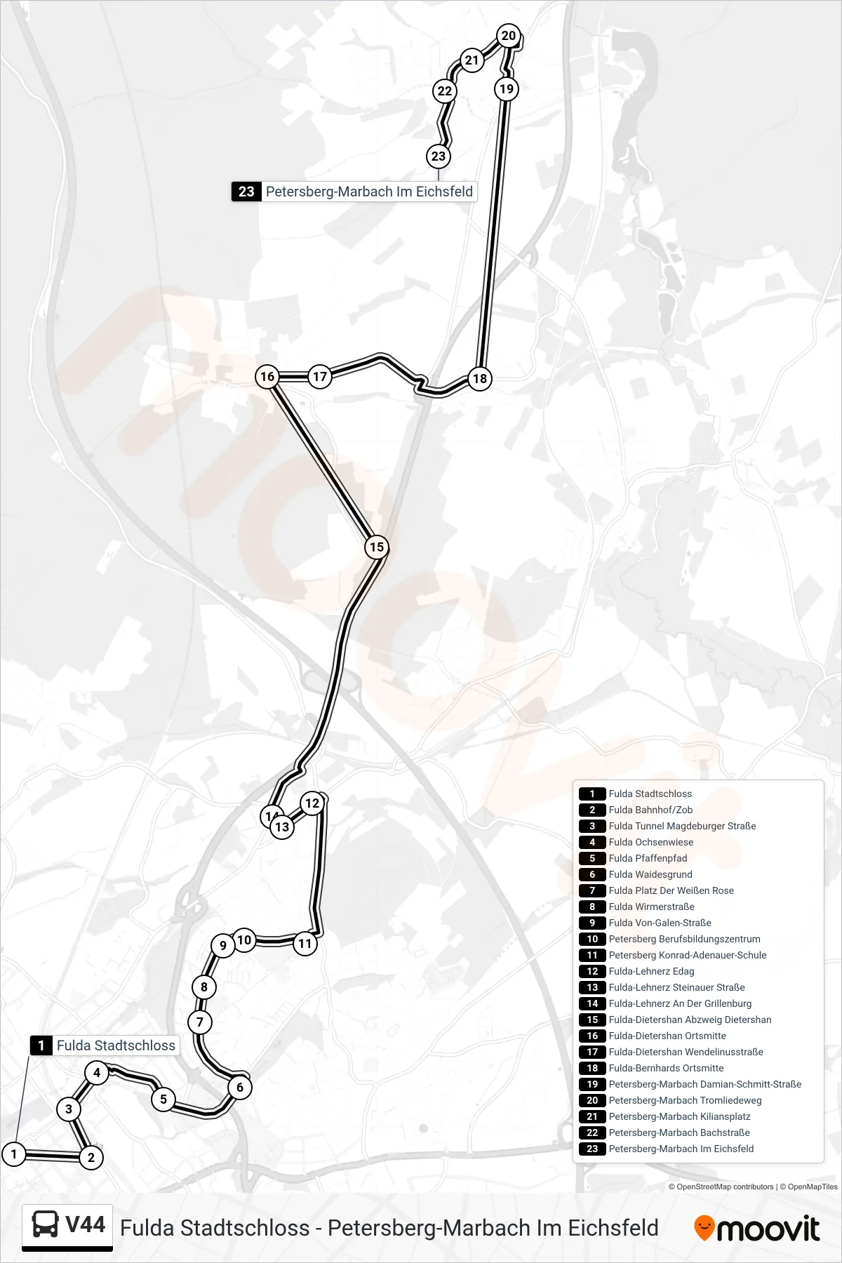 Linie V44 (Bus) Richtung Marbach: Route und Haltestellen auf der Karte