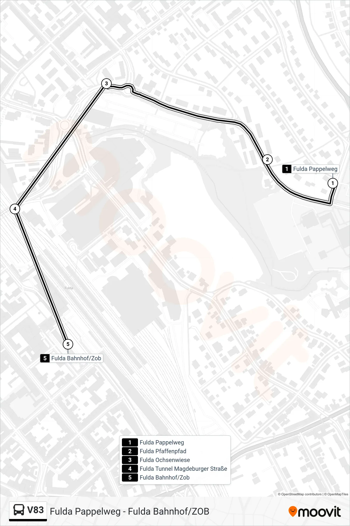 Linie V83 (Bus) Richtung Bahnhof / ZOB: Route und Haltestellen auf der Karte