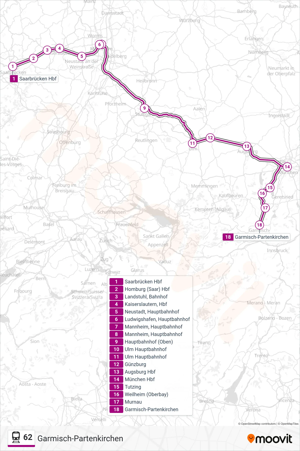 Linie 62 (Bahn) Richtung Garmisch-Partenkirchen: Route und Haltestellen auf der Karte