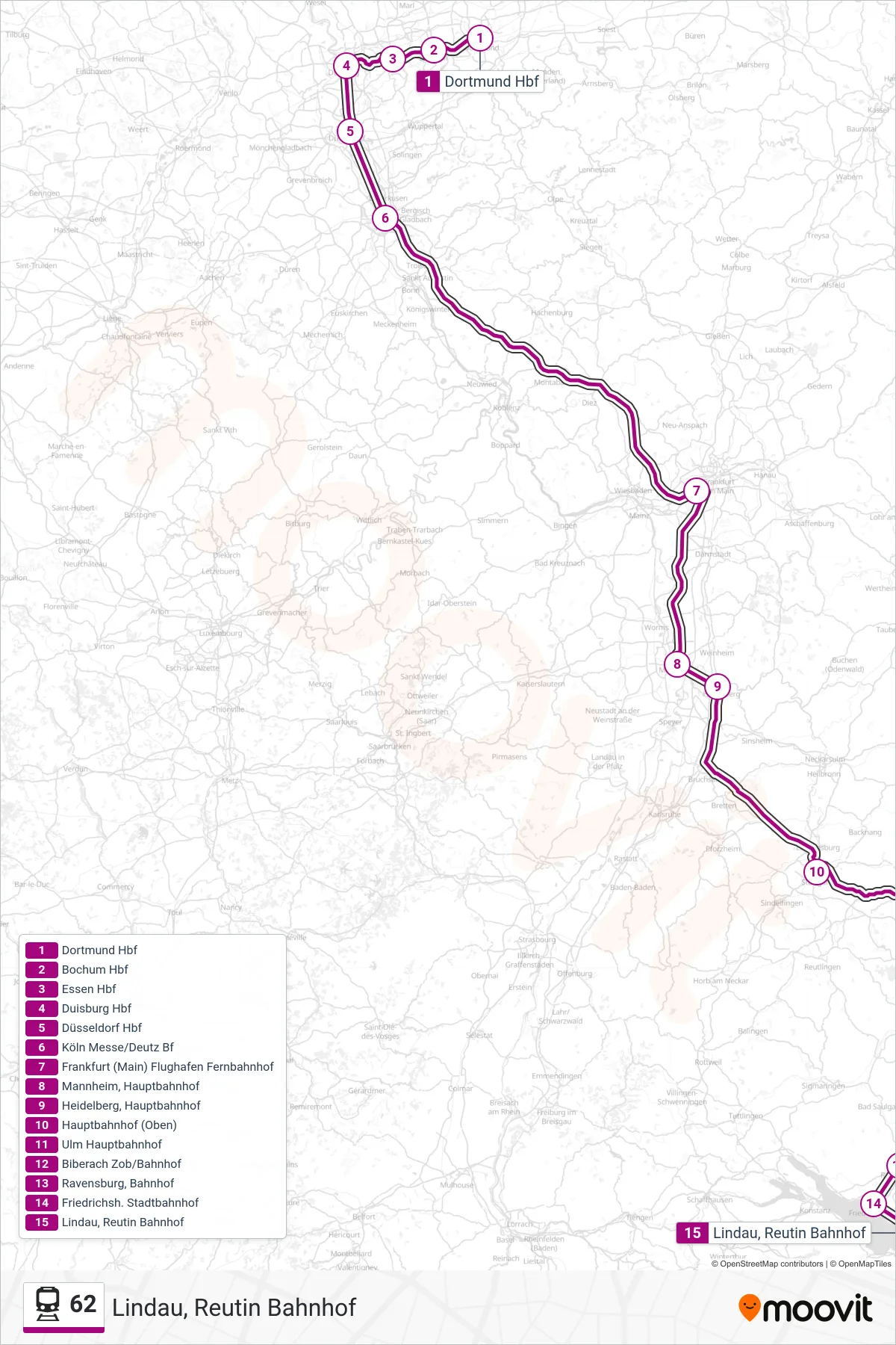 62 train Line (Lindau, Reutin Bahnhof) route and stops on a map