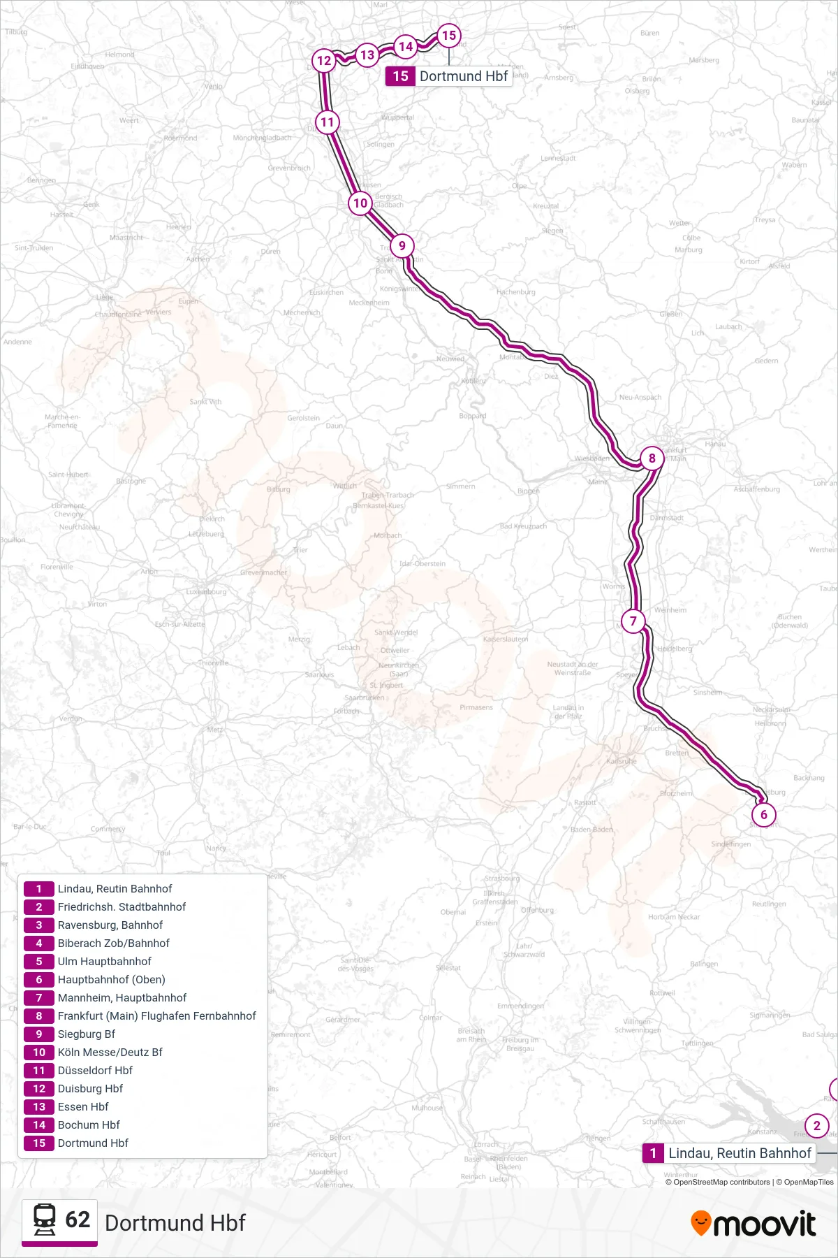 62 train Line (Dortmund Hbf) route and stops on a map