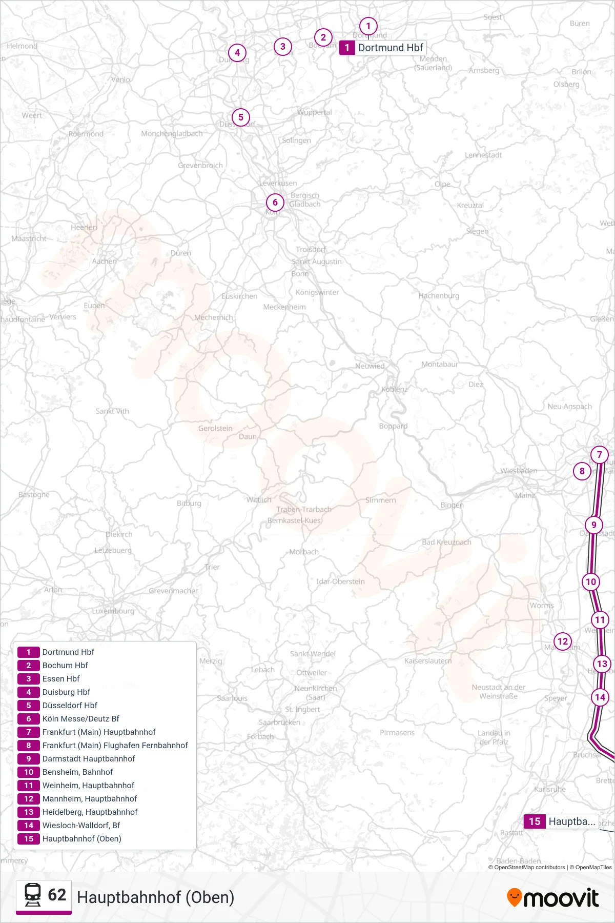 62 train Line (Hauptbahnhof (Oben)) route and stops on a map