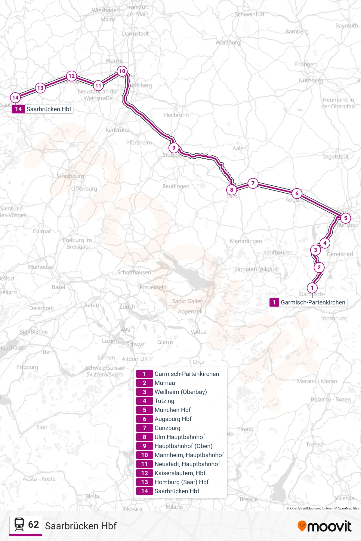 62 train Line (Saarbrücken Hbf) route and stops on a map