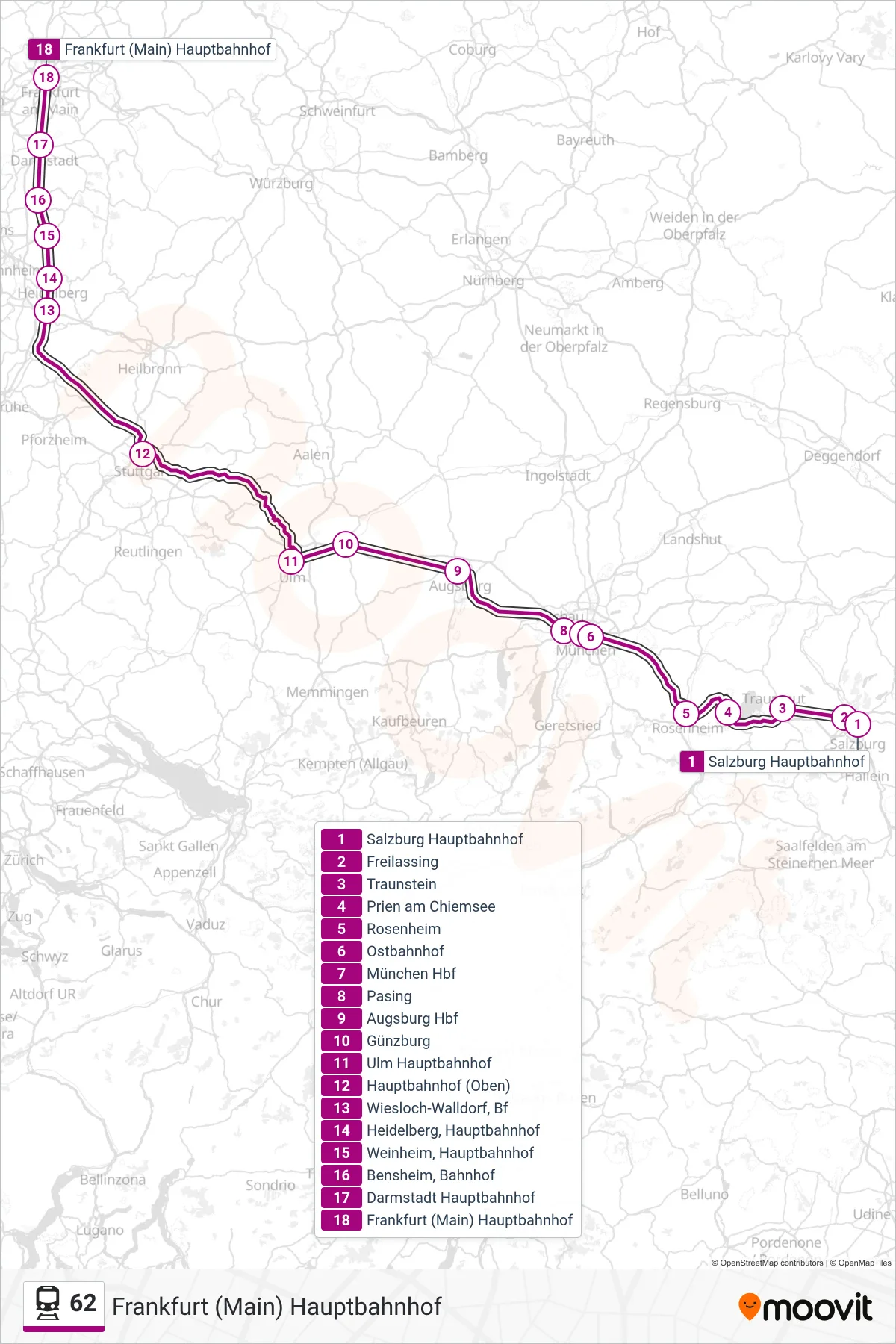 62 train Line (Frankfurt (Main) Hauptbahnhof) route and stops on a map