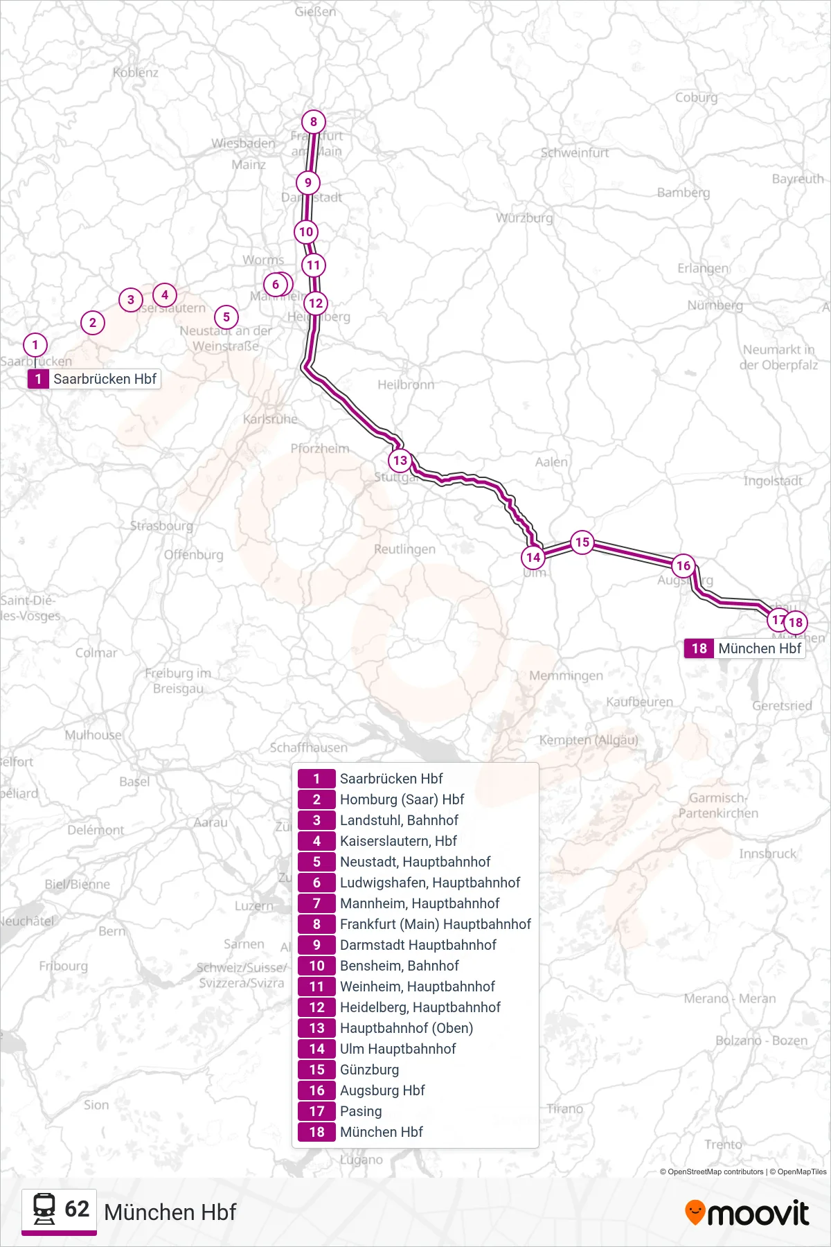 62 train Line (München Hbf) route and stops on a map