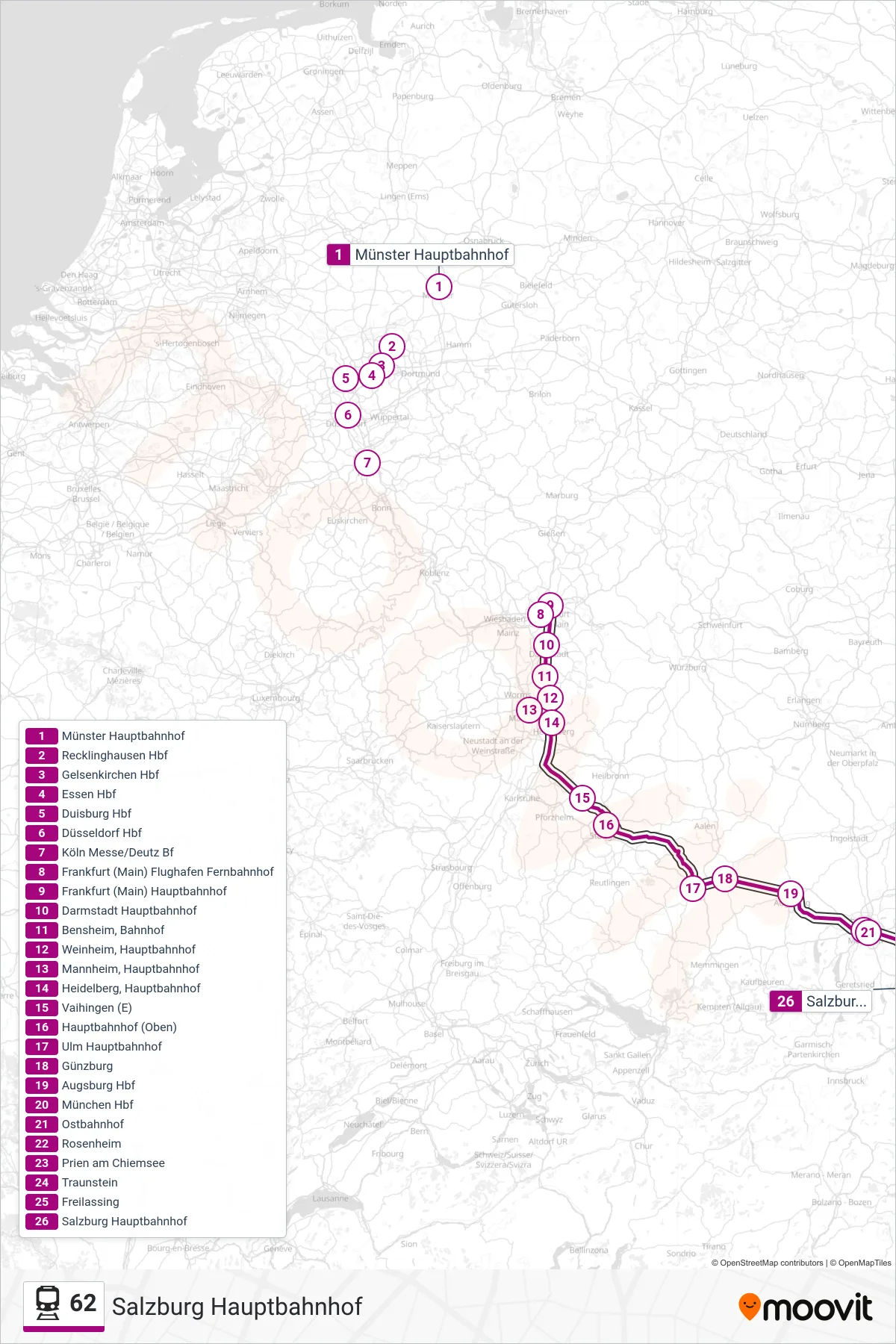 62 train Line (Salzburg Hauptbahnhof) route and stops on a map