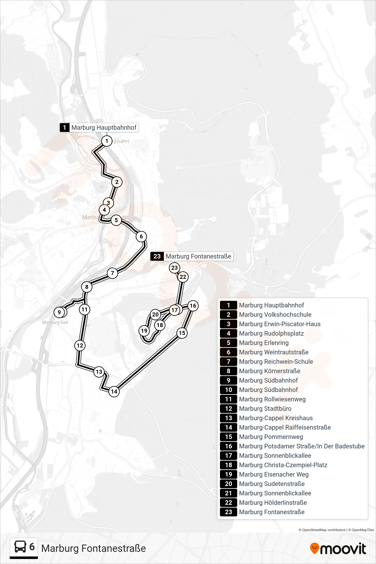 6 bus Line (Marburg Fontanestraße) route and stops on a map