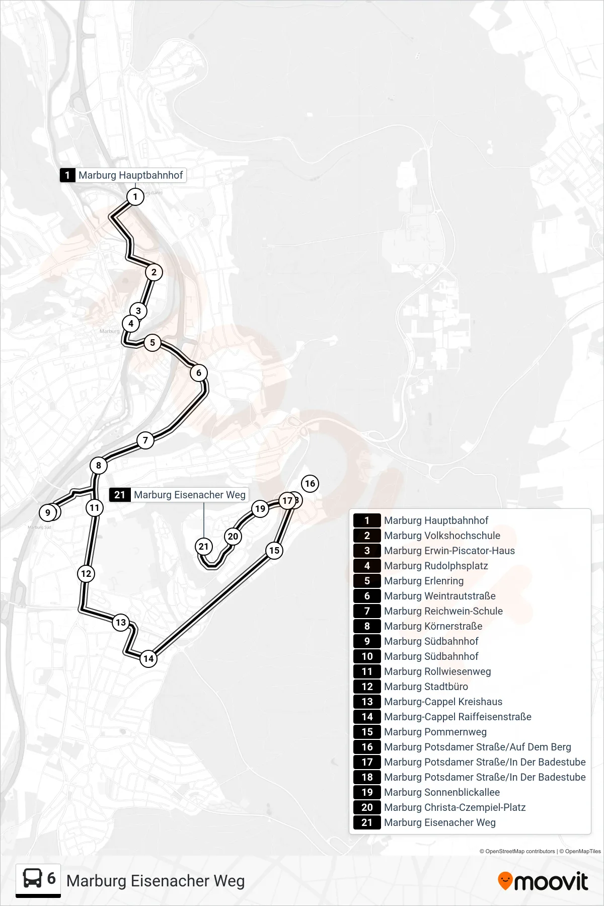 6 bus Line (Marburg Eisenacher Weg) route and stops on a map