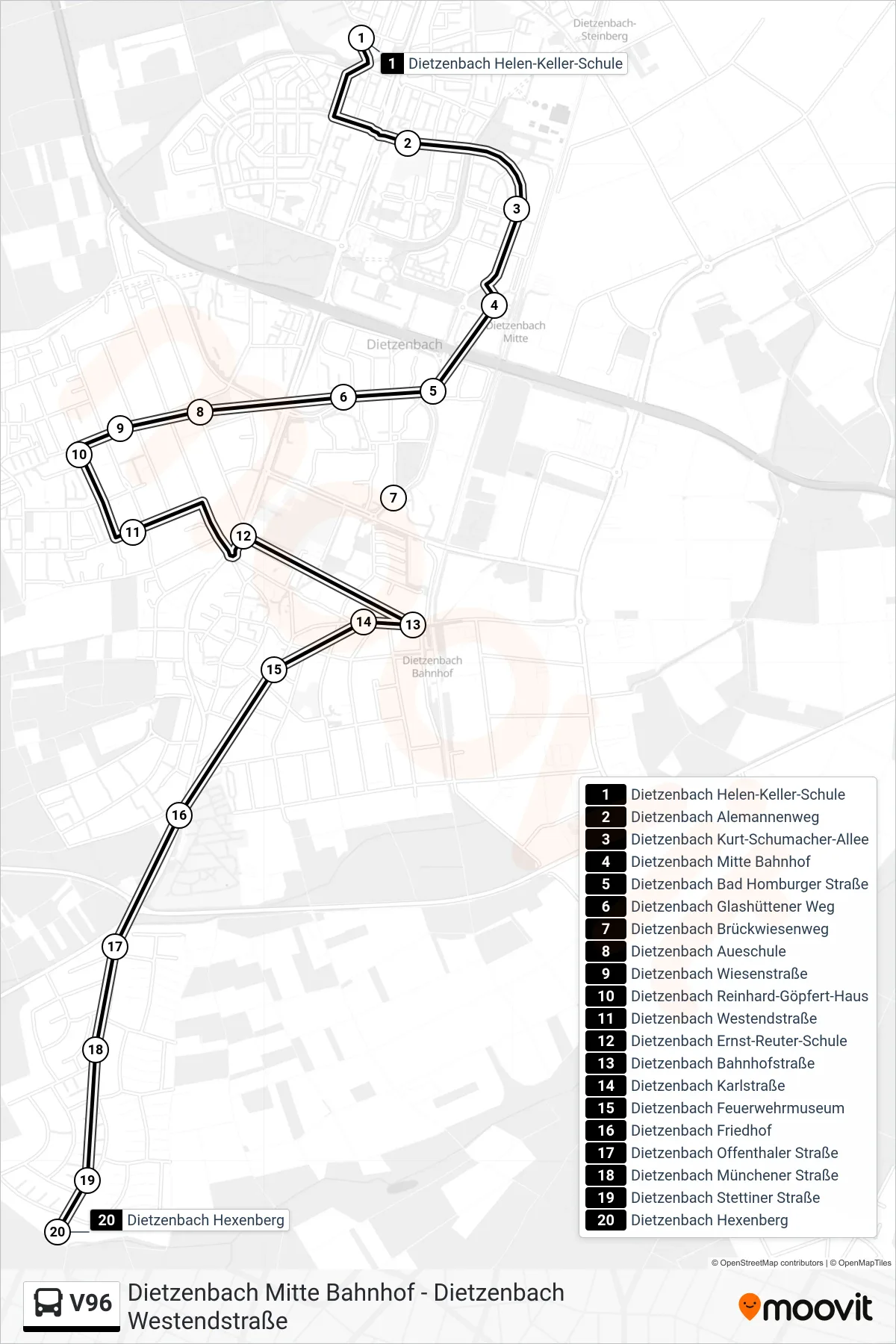 Linie V96 (Bus) Richtung Dietzenbach Hexenberg: Route und Haltestellen auf der Karte