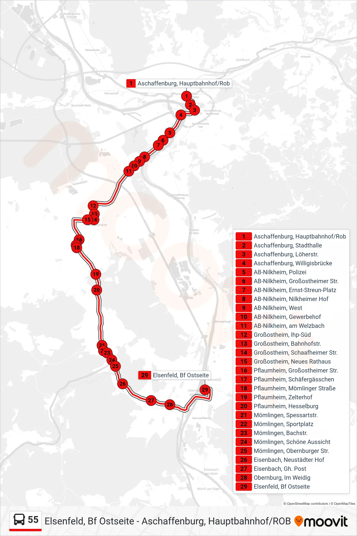 55 bus Line (Elsenfeld, Bf Ostseite) route and stops on a map