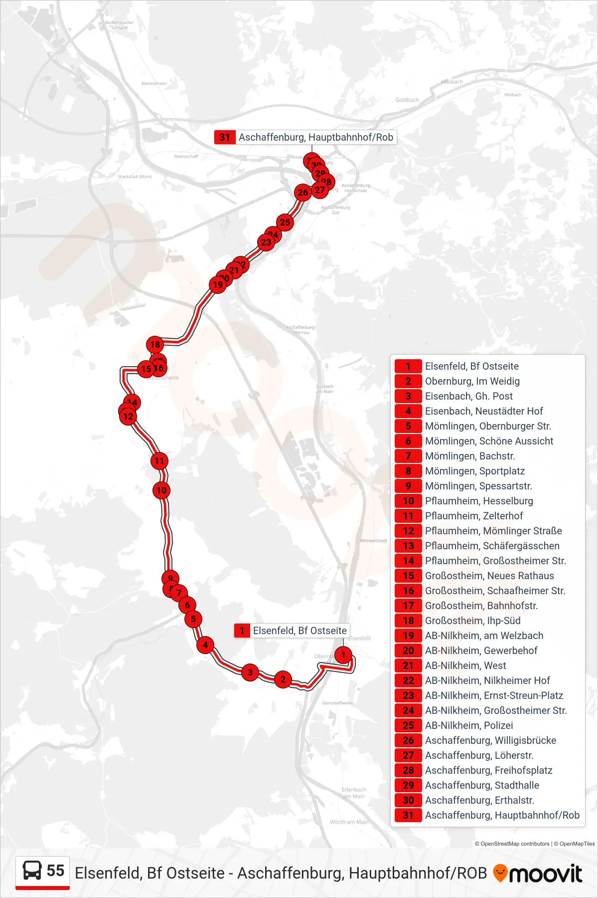 55 bus Line (Aschaffenburg, Hauptbahnhof/Rob) route and stops on a map